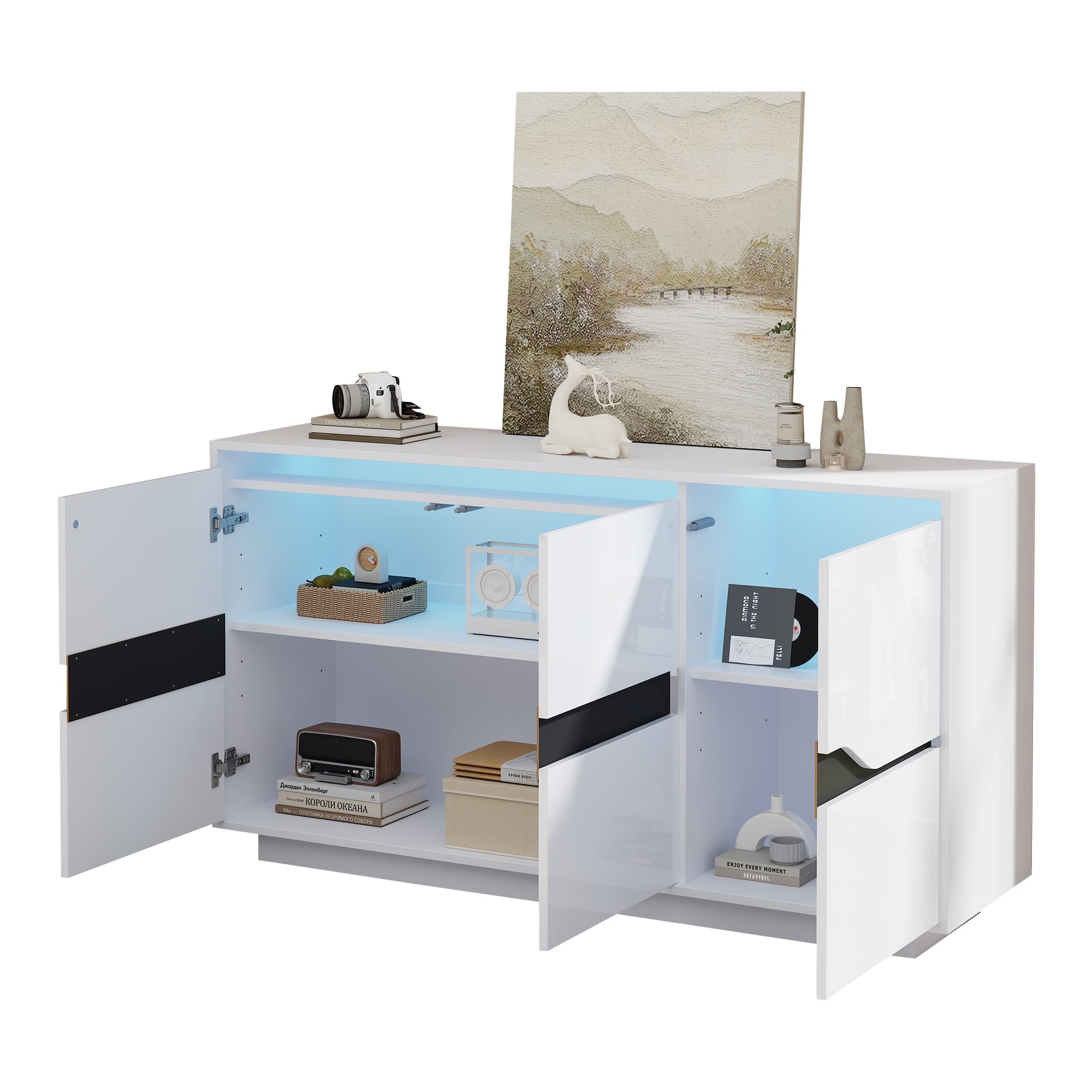 Logidon Dressoir 140x40x76 Cm Wit Zwart Met 3 Deurs LED