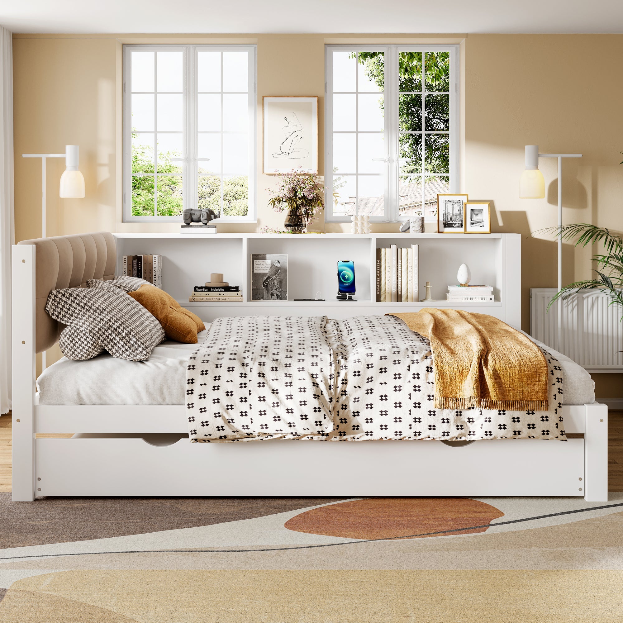Logidon daybed wit 140x200 CM met uitschuifbaar bed LED-verlichting