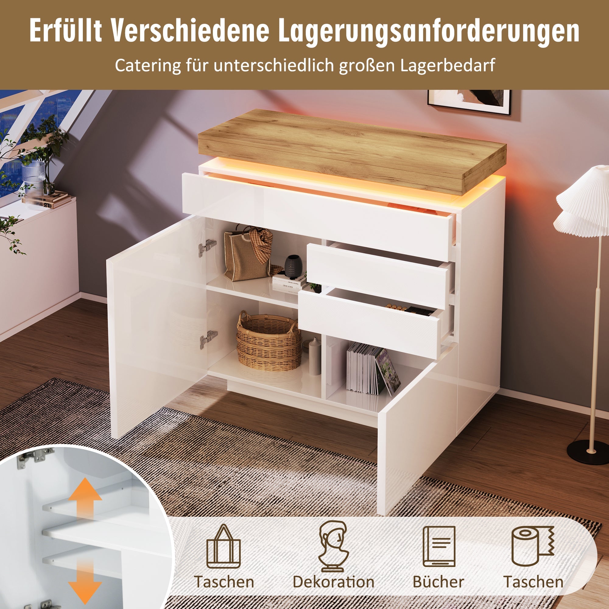 Logidon high gloss chest of drawers white LED lighting app control 2 doors