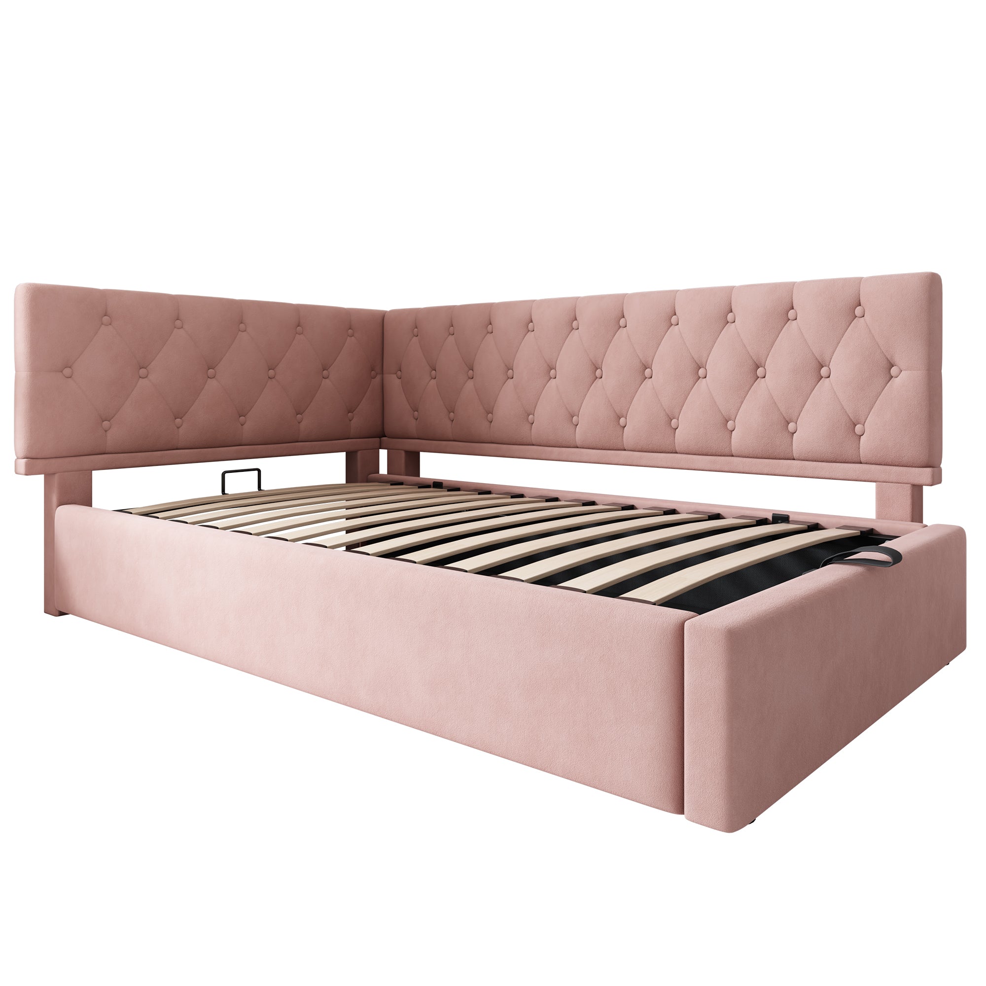 Logidon slaapbank 90x190 roze fluweel met hydraulische opbergruimte
