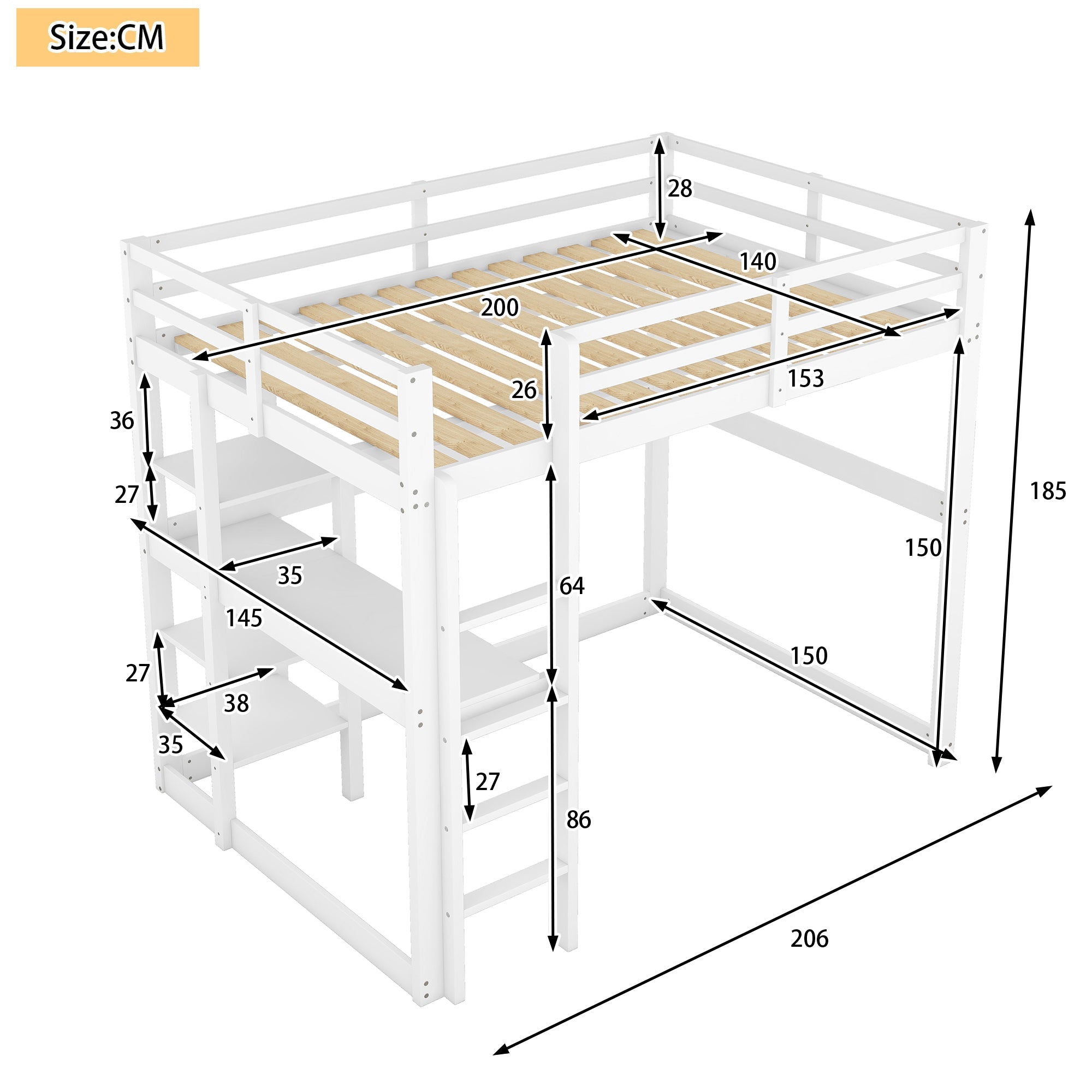 Logidon loft bed 140x200 white with desk and storage space