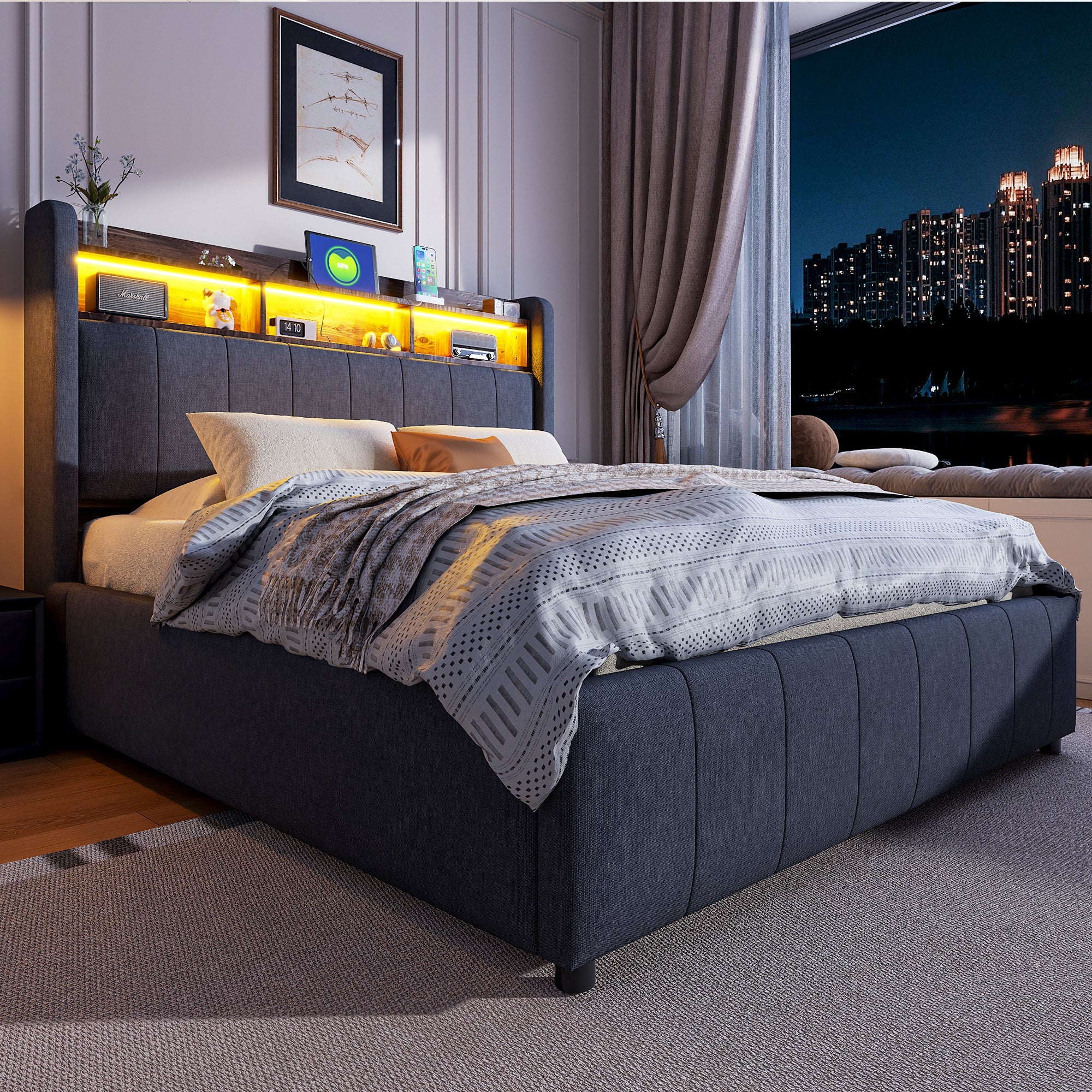 Logidon gestoffeerd bed 140x200 cm grijs met LED verlichting USB opbergruimte