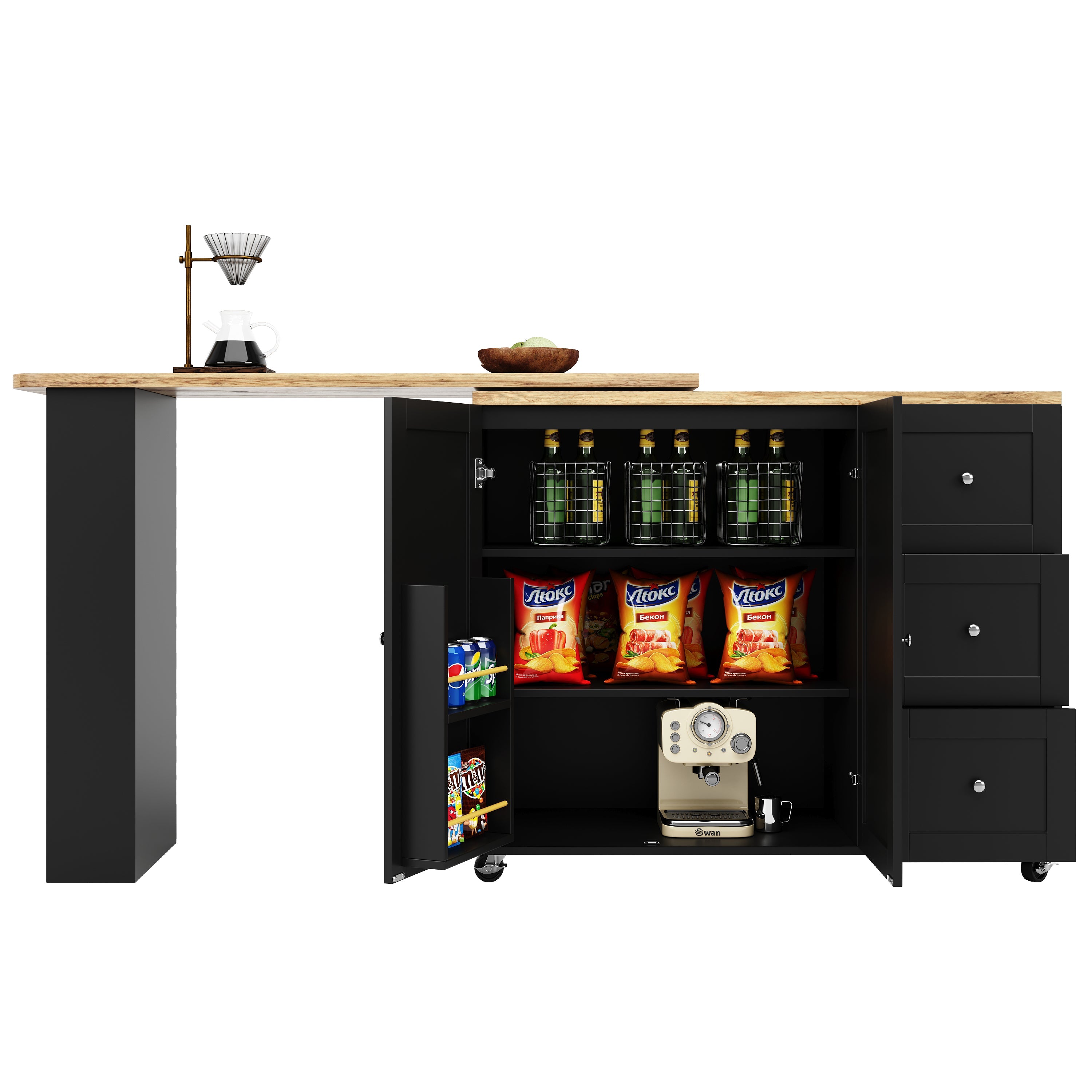 Logidon 360 graden draaibare eettafel zwart 138-209x39x104 met wielen