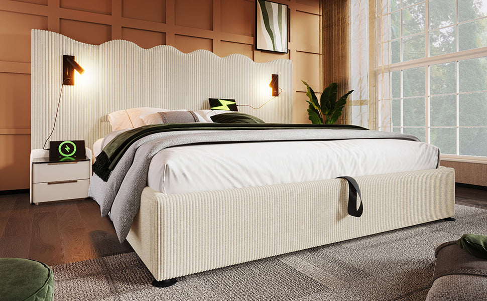 Logidon upholstered bed 160x200 beige with reading lamp USB charging function