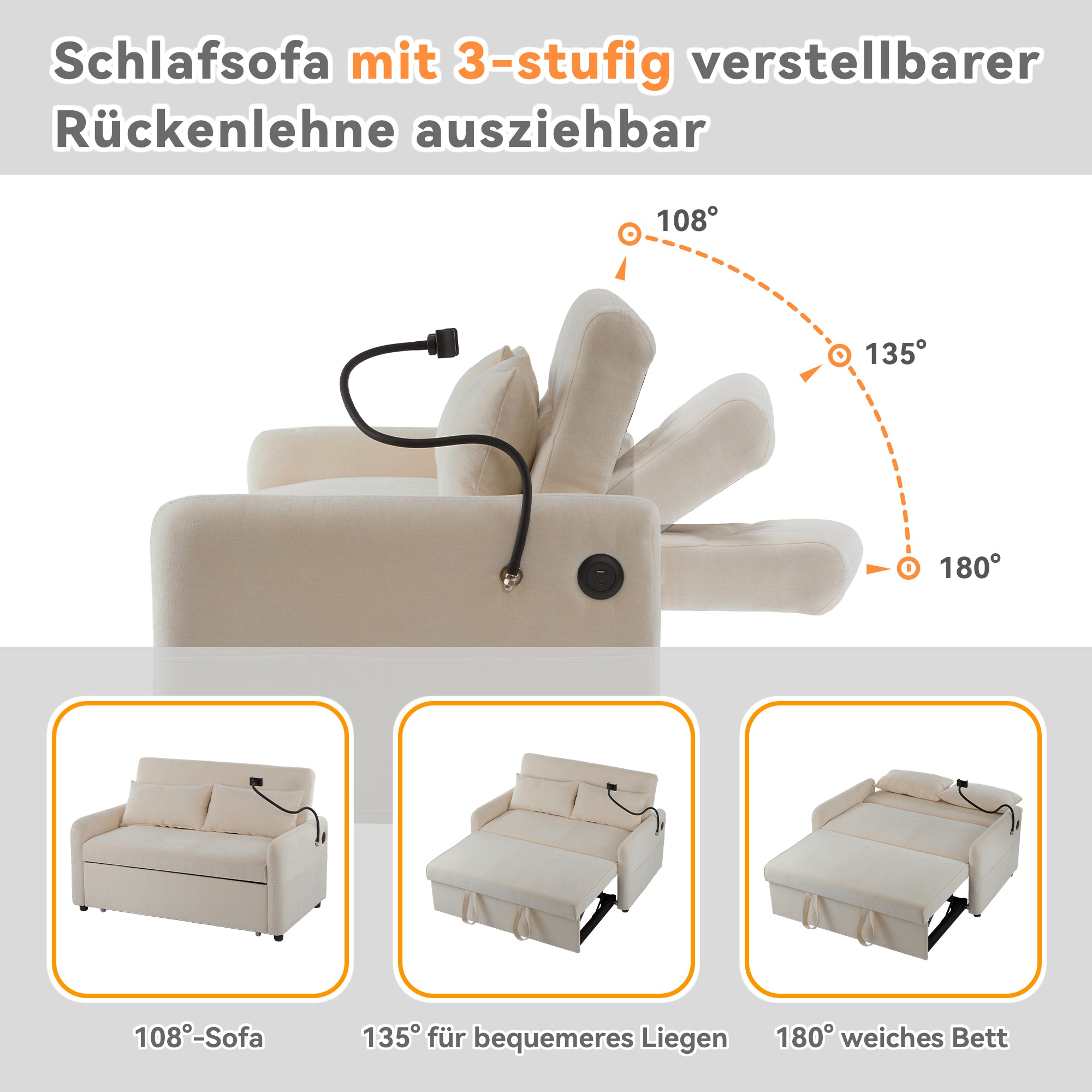 Logidon Modern Double Folding Sofa Beige Chenille With Sleep Function
