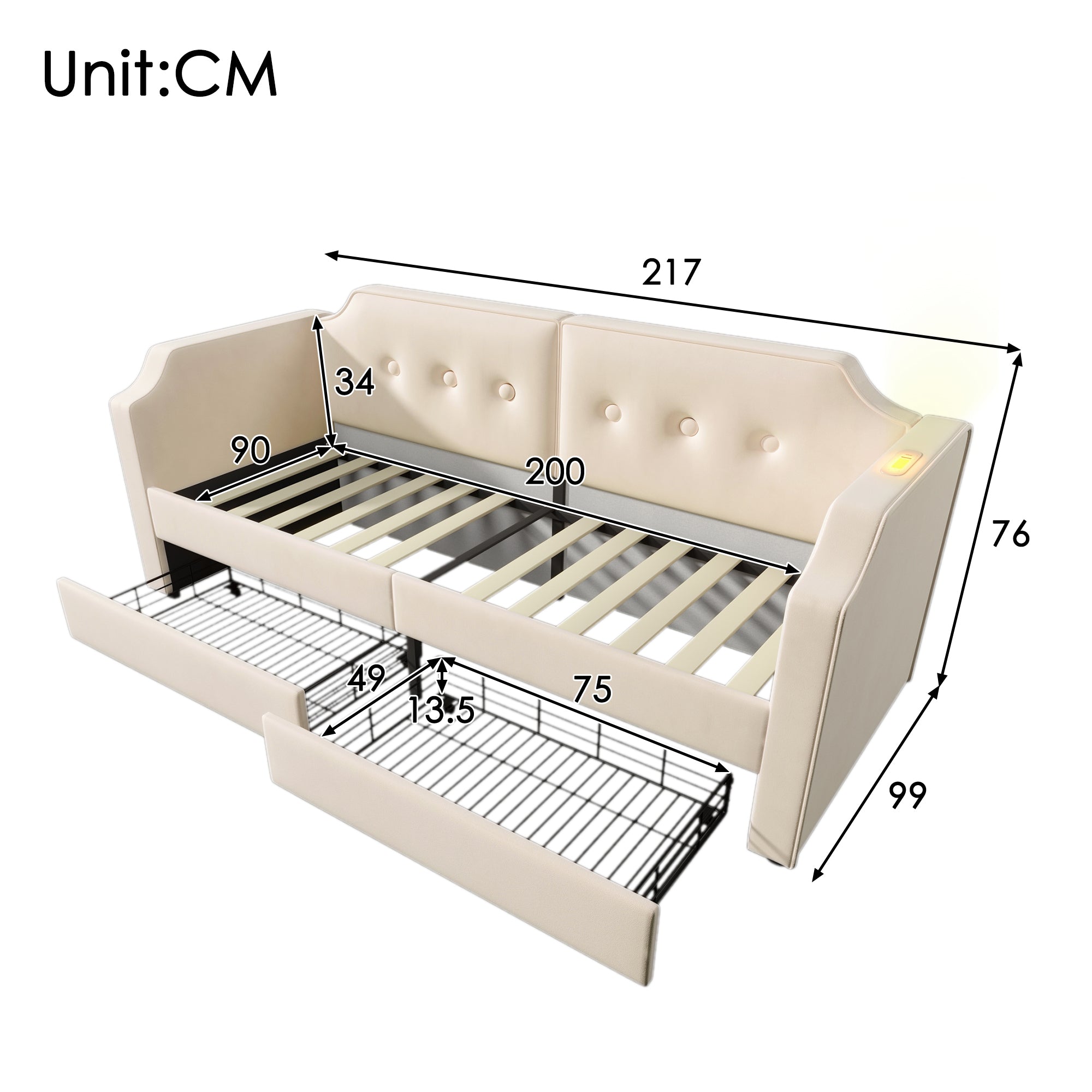 Logidon gestoffeerd bed 90x200 cm beige fluweel met USB-C oplaadpunt leeslampje