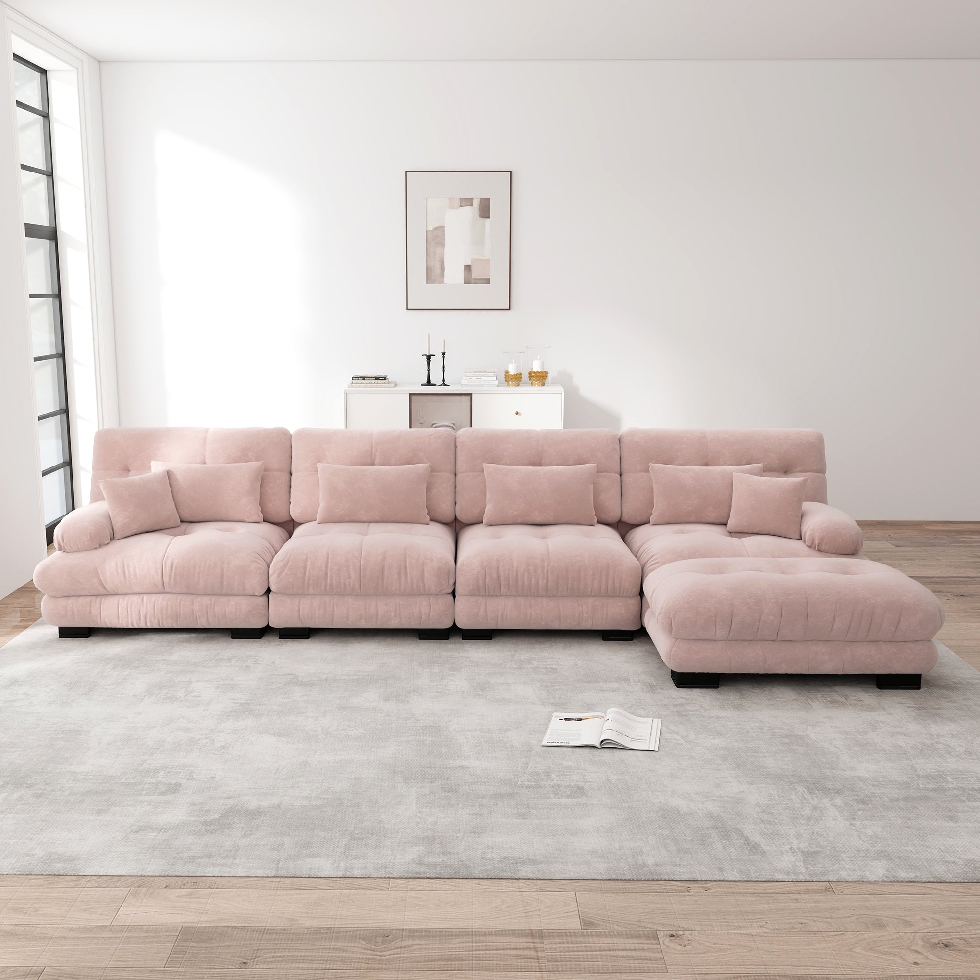 Logidon Modulaire hoekbank roze fluweel L-vorm 4-zits met kruk