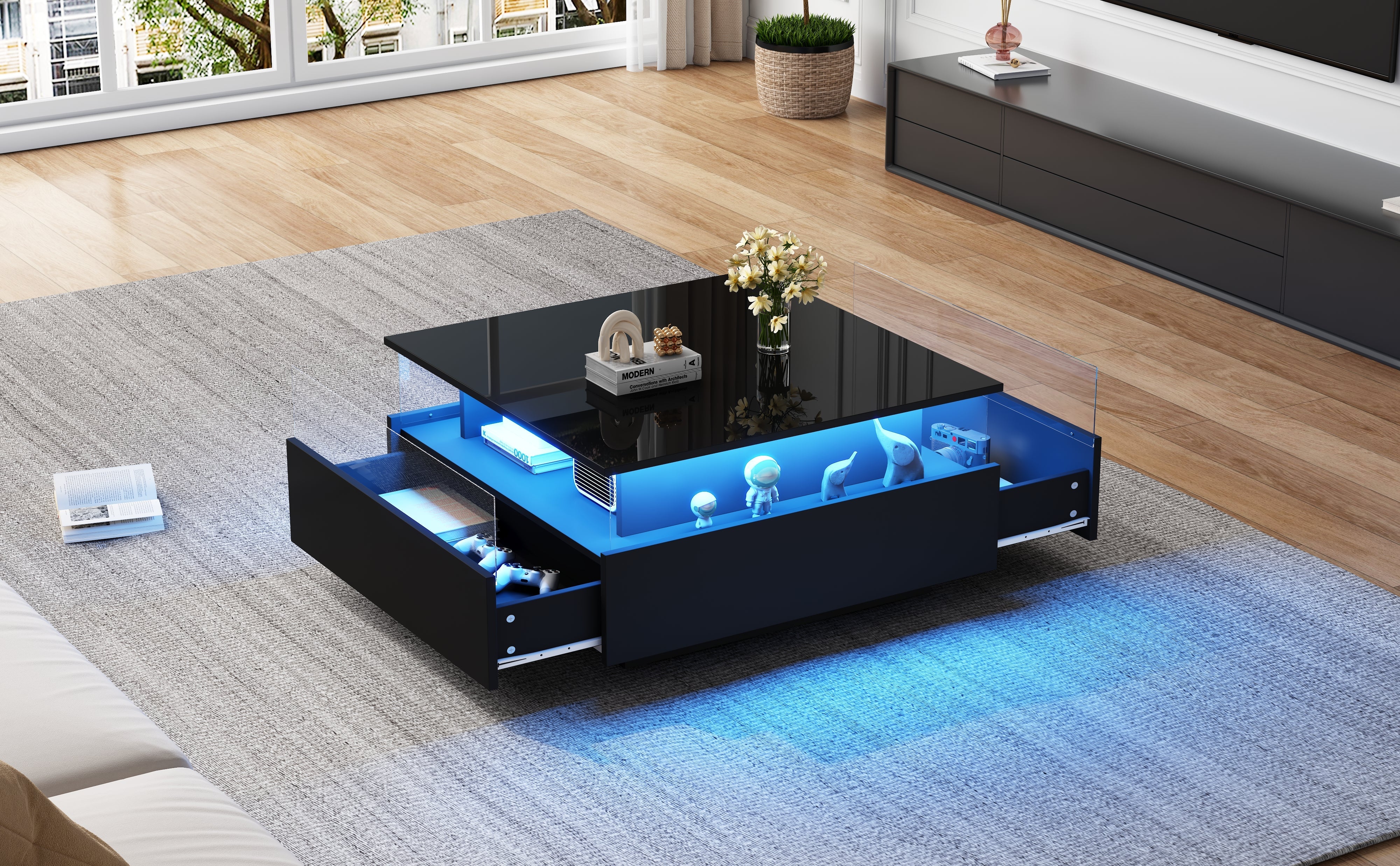Logidon hoogglans LED salontafel 90x55x45 cm zwart 2 lades