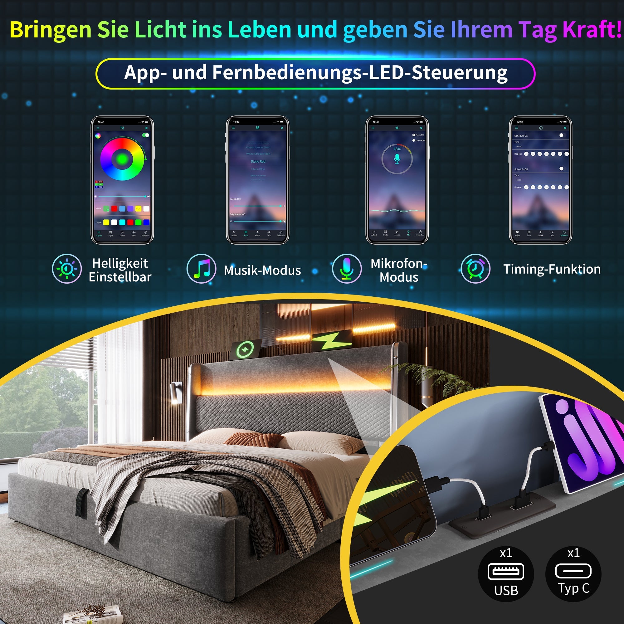 Logidon hydraulisch bed 90x200 grijs linnenlook met opbergruimte LED