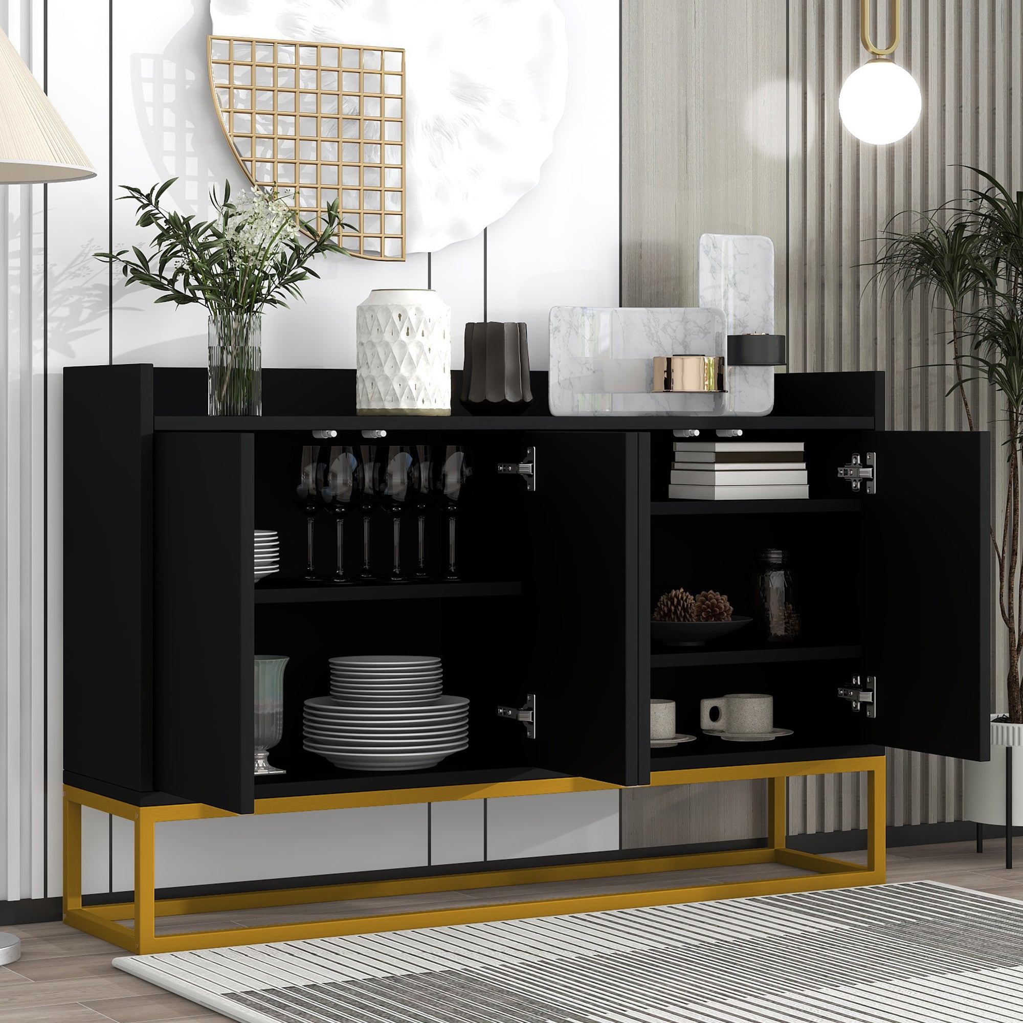 Logidon Modern Dressoir Zwart 4 Deurs Greeploos 120 x 30 x 80 cm