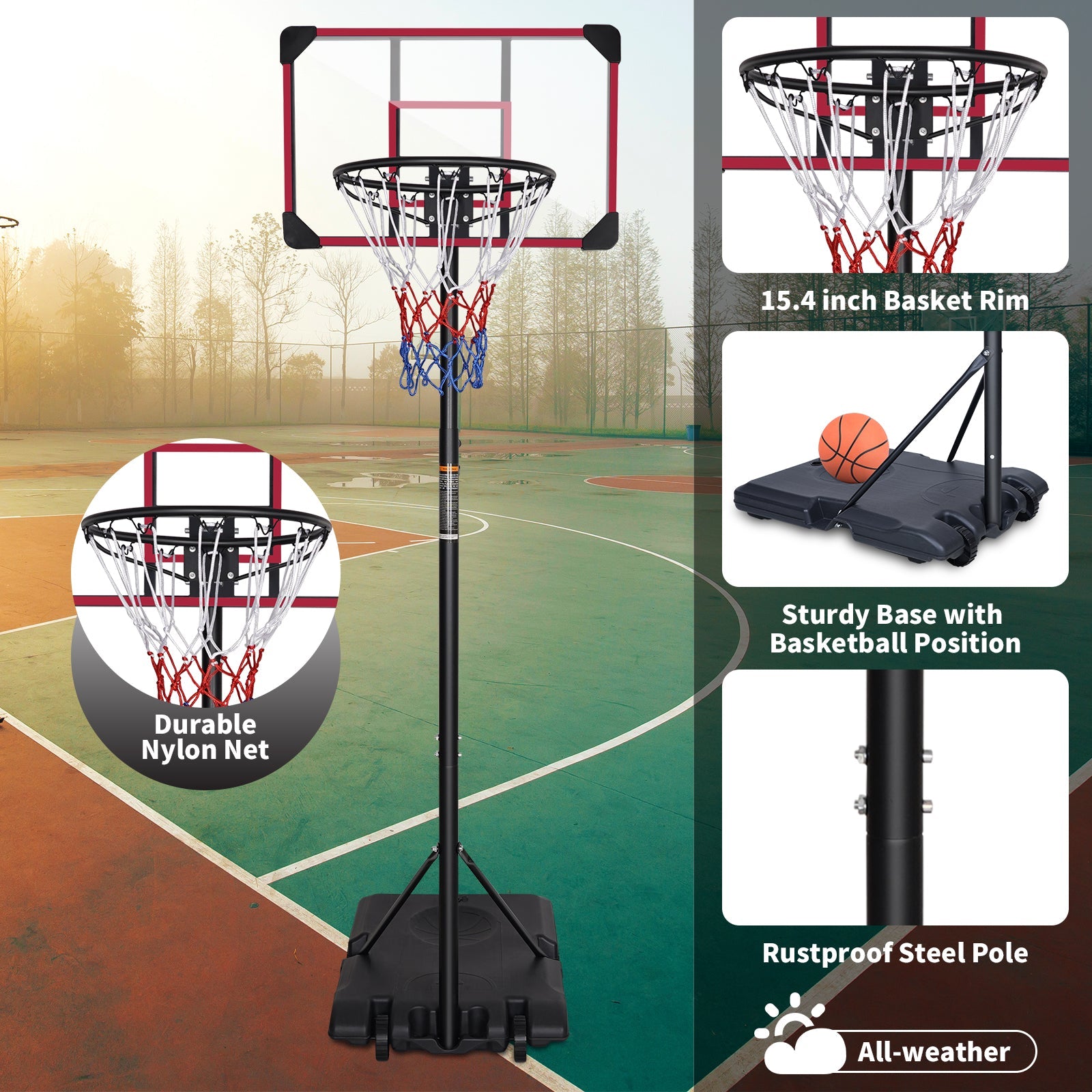 Logidon Draagbare Basketbalstandaard 170-213cm Rood Zwarte Wielen