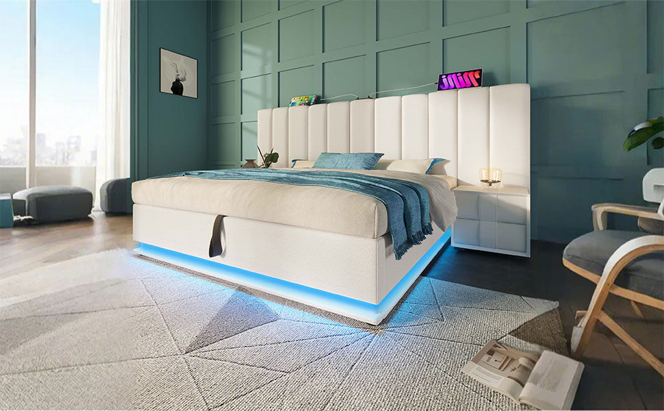 Logidon gestoffeerd bed 180x200 wit met app LED USB C oplaadfunctie