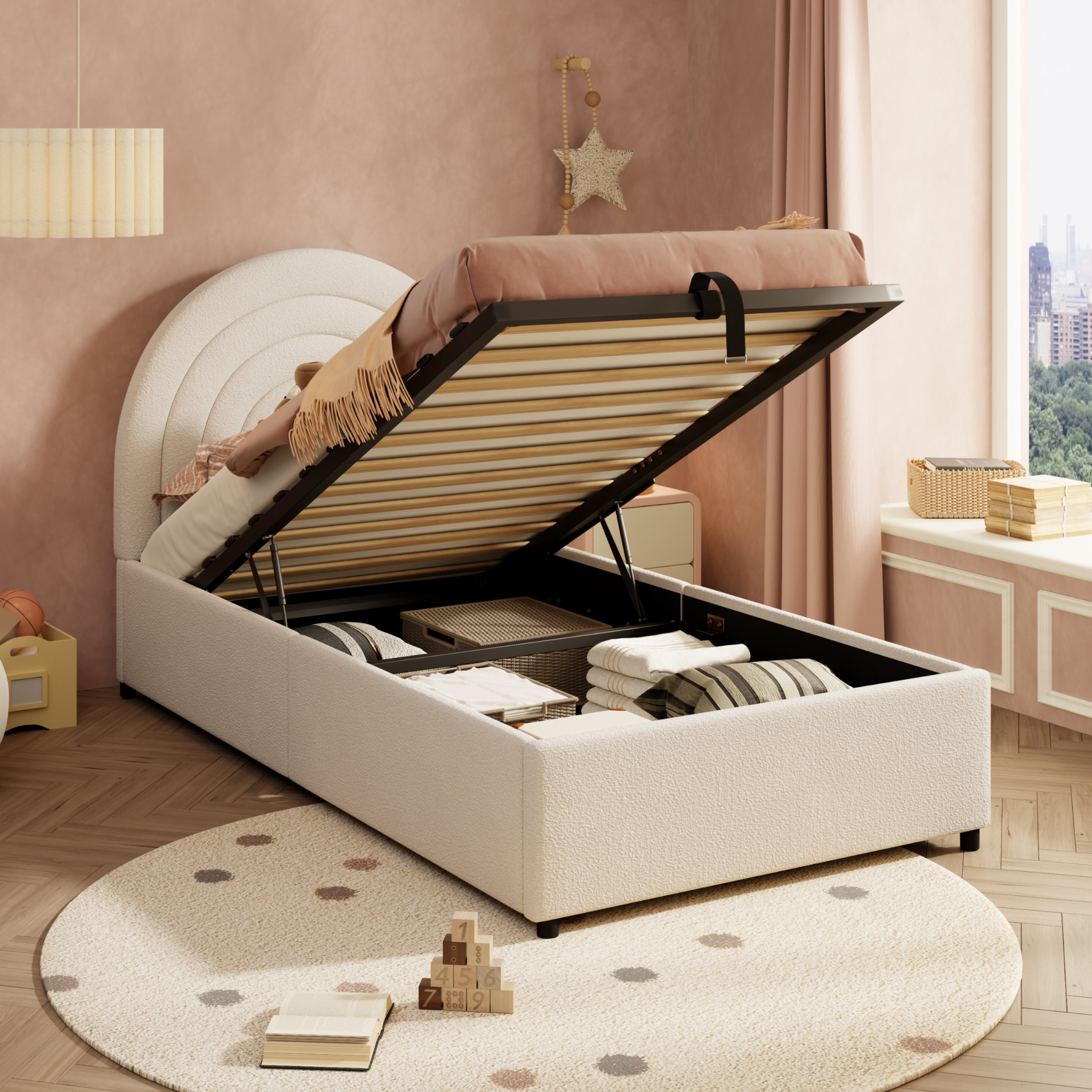 Logidon kinderbed 90x200 beige bouclé hoofdbord lattenbodem