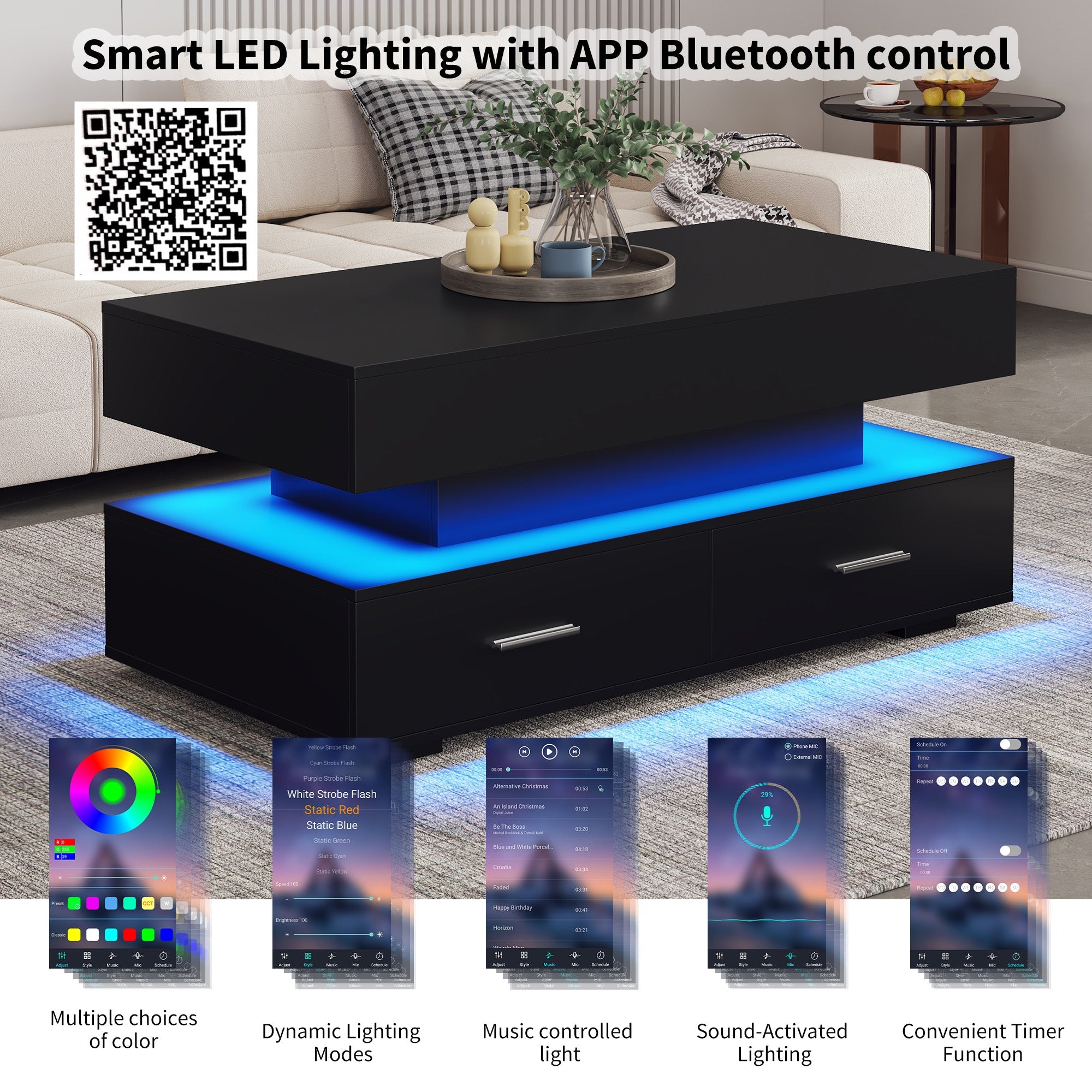 Logidon Verstelbare Salontafel 100x50x44 cm Zwart LED Verlichting