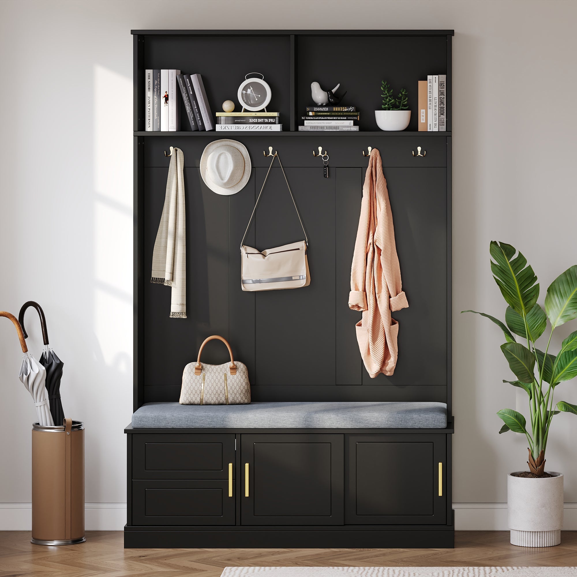 Logidon kapstok schoenenbank met 6 drievoudige haken zwart 120x40x191 cm