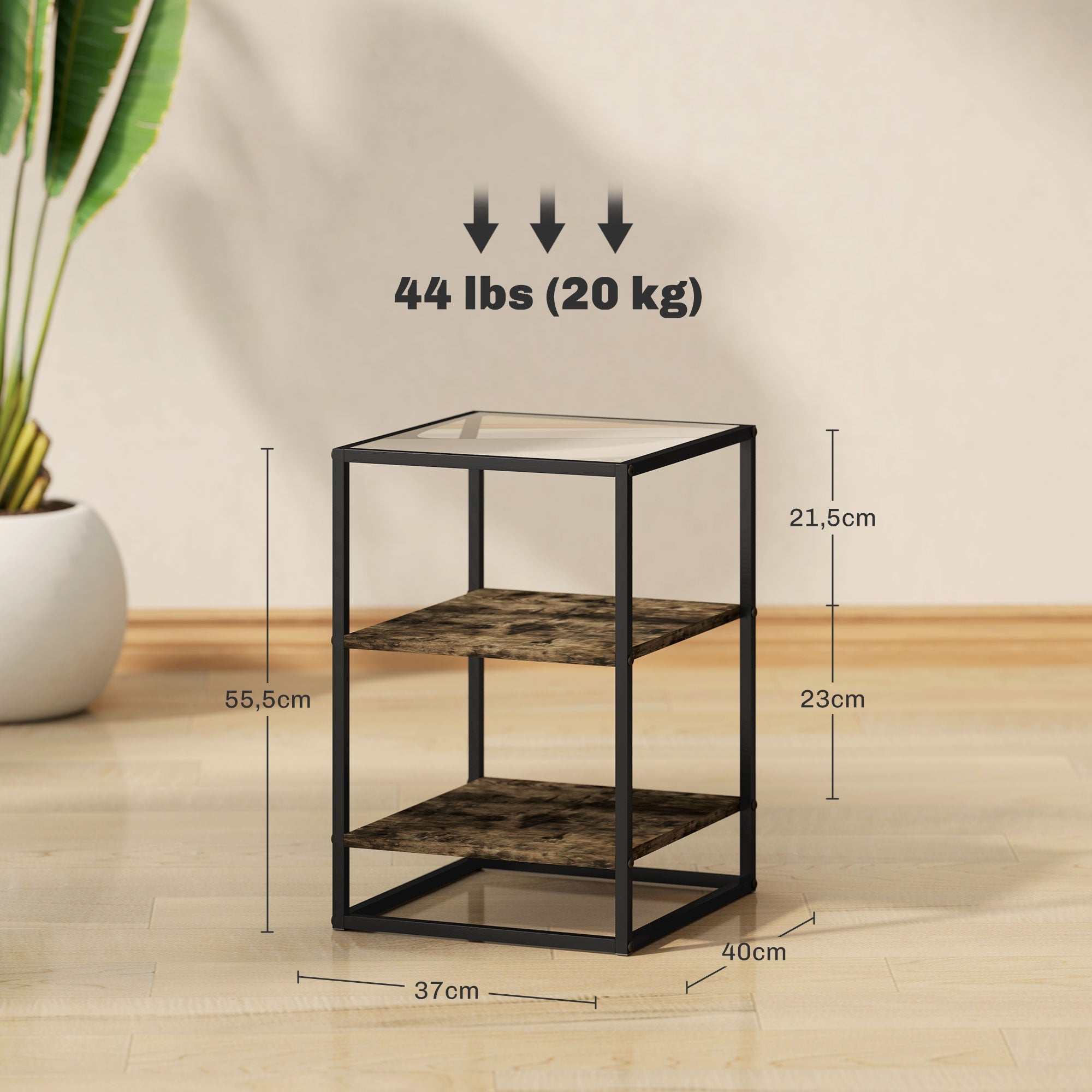 Logidon set van 2 bijzettafels met glazen blad, rustiek bruin metalen frame