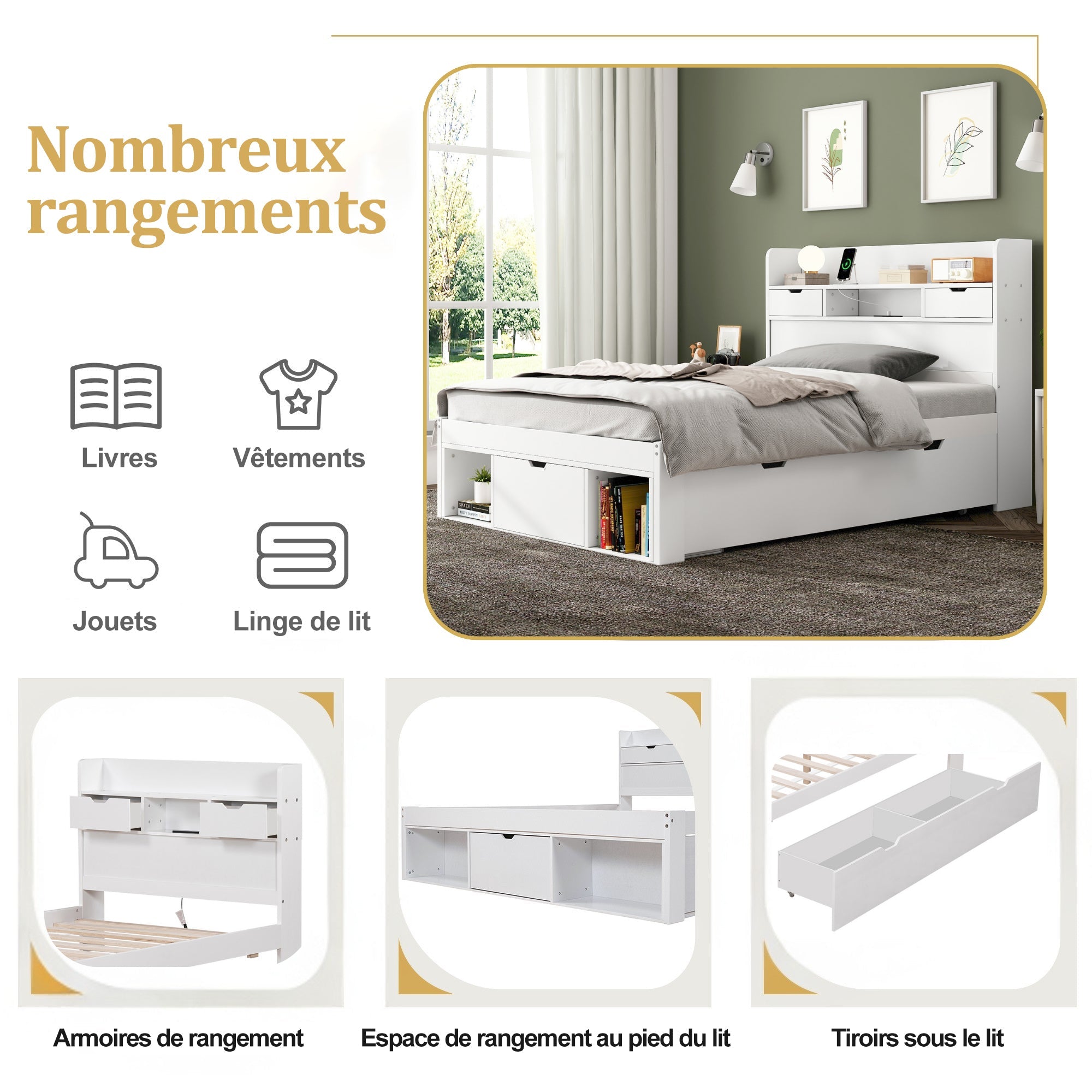 Logidon bed 135x190 cm met USB oplaadpunt en opbergruimte wit