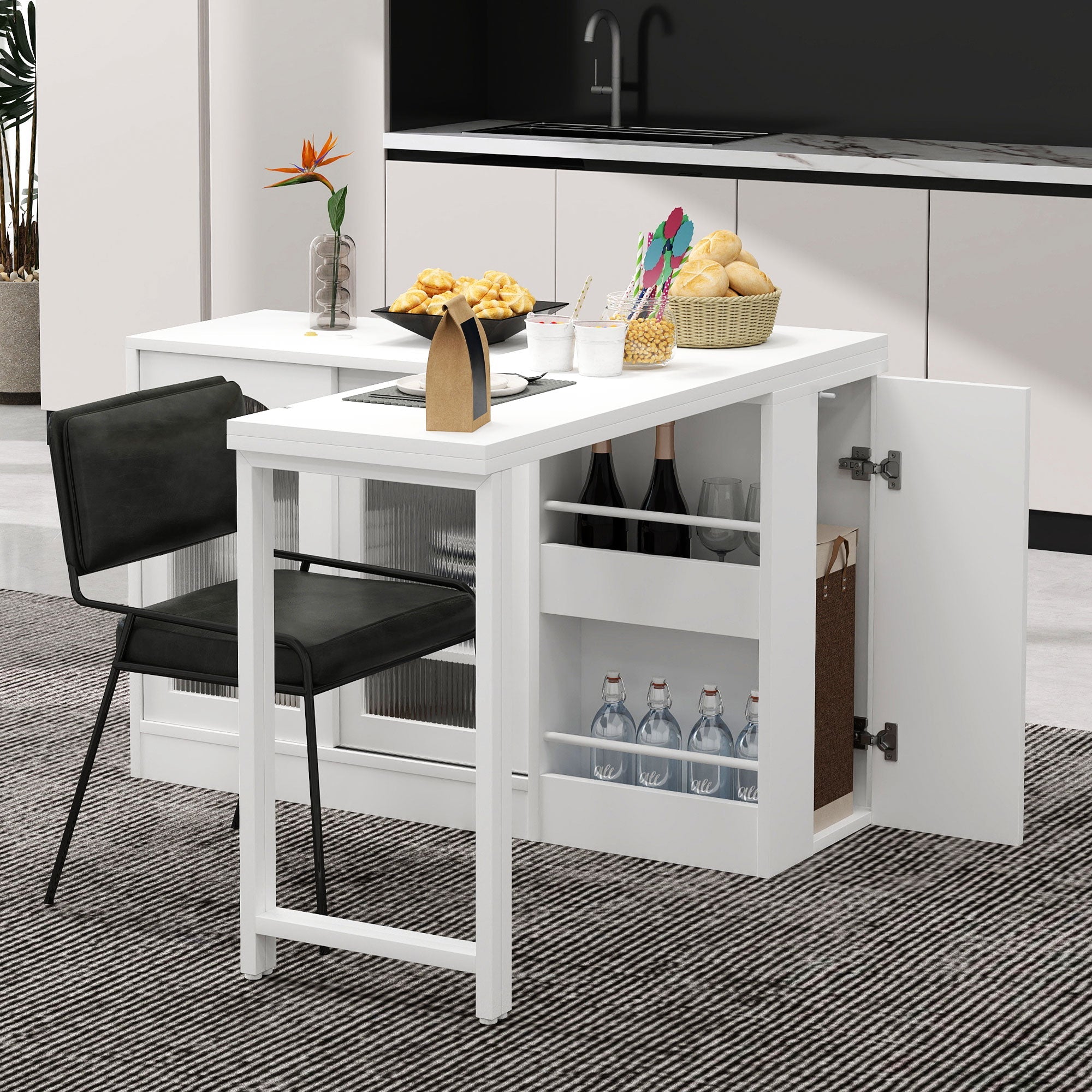 Logidon Moderne Bartafel Wit Uitschuifbaar 360 Graden Draaibaar met Opbergruimte
