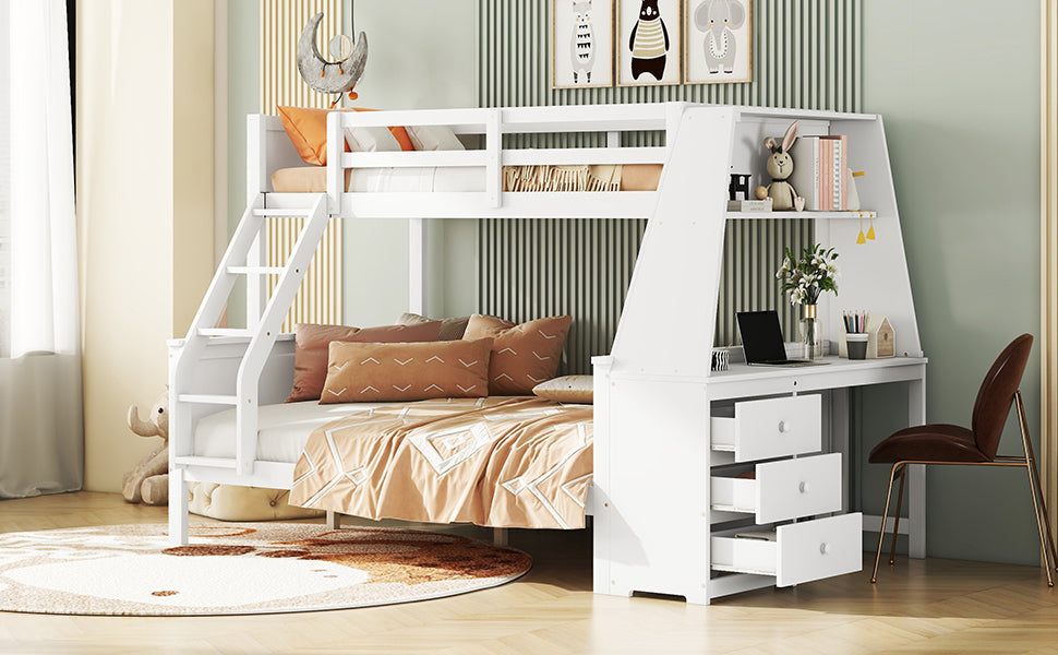 Logidon Bunk Bed 90x200 and 140x200 with Table and Storage Space White