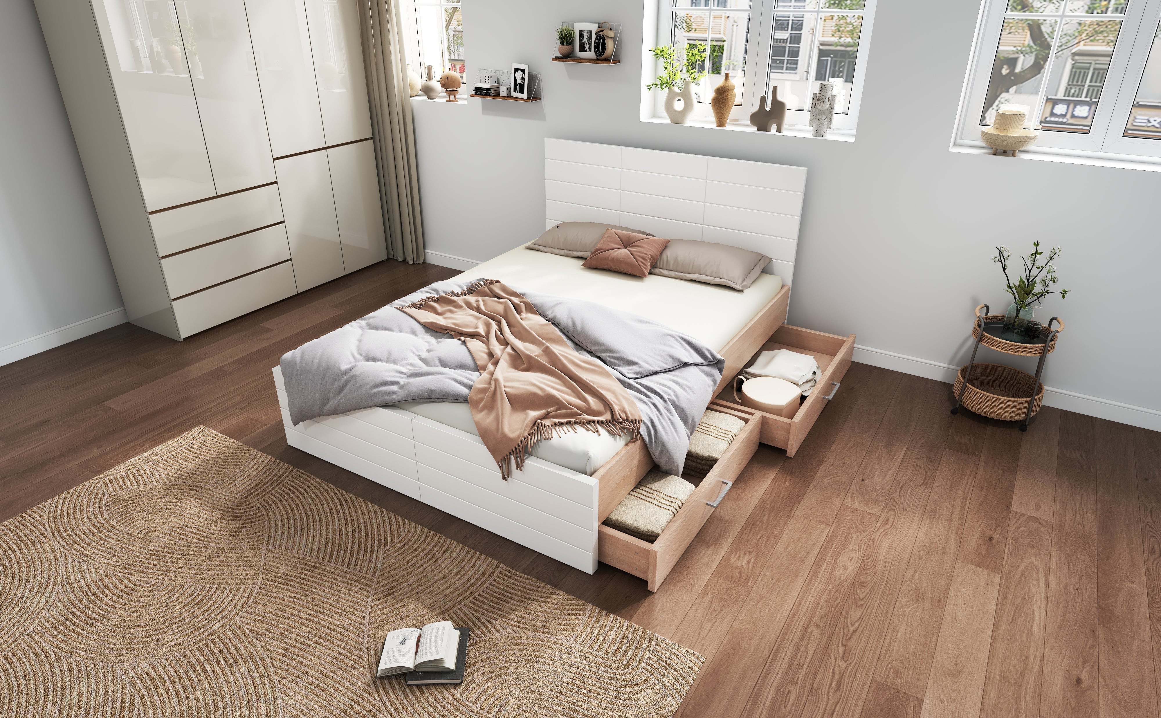 Logidon tweepersoonsbed 160x200 cm wit eiken met lattenbodem en 2 lades