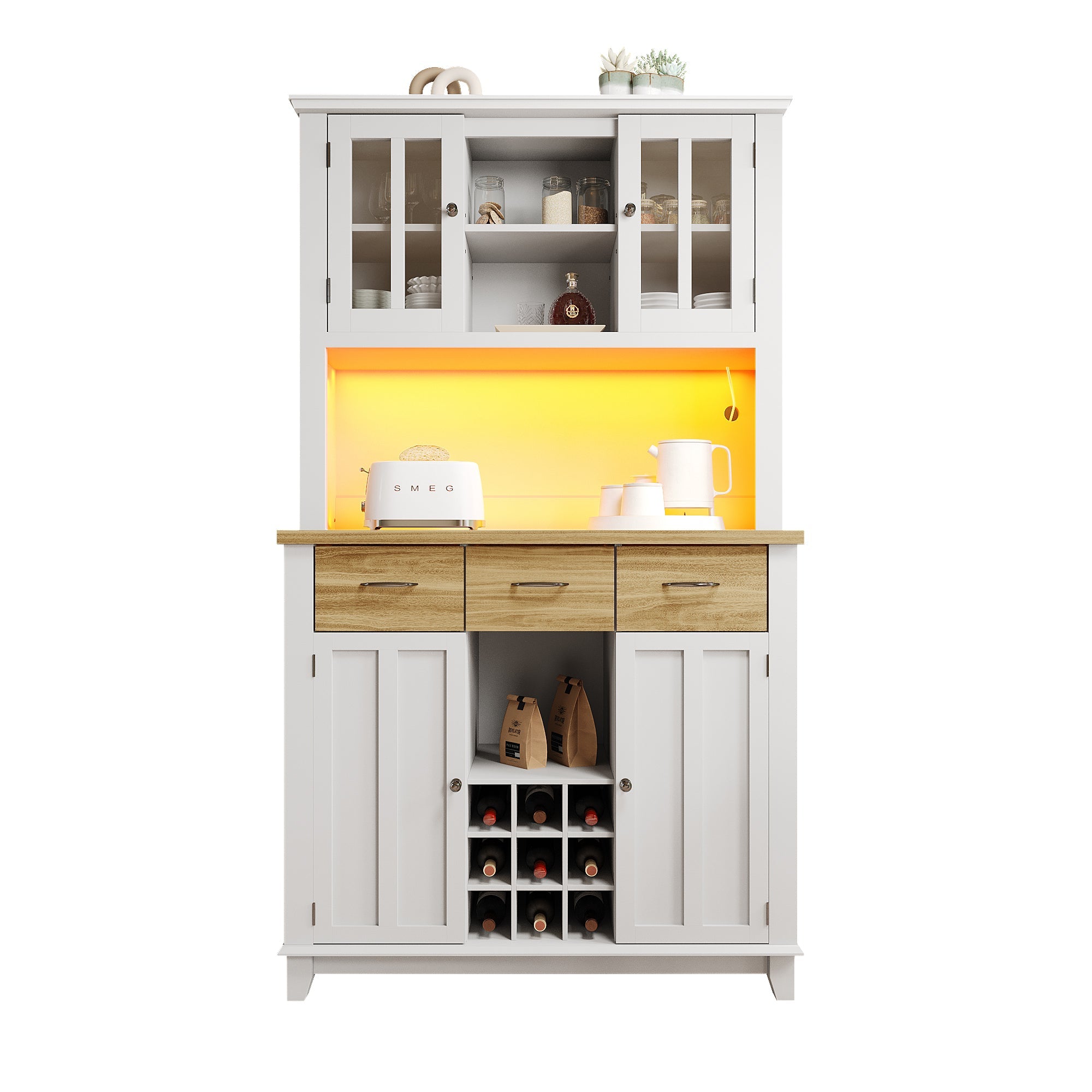 Logidon keukenkast vitrinekast 106x40x179cm met LED licht naturel wit