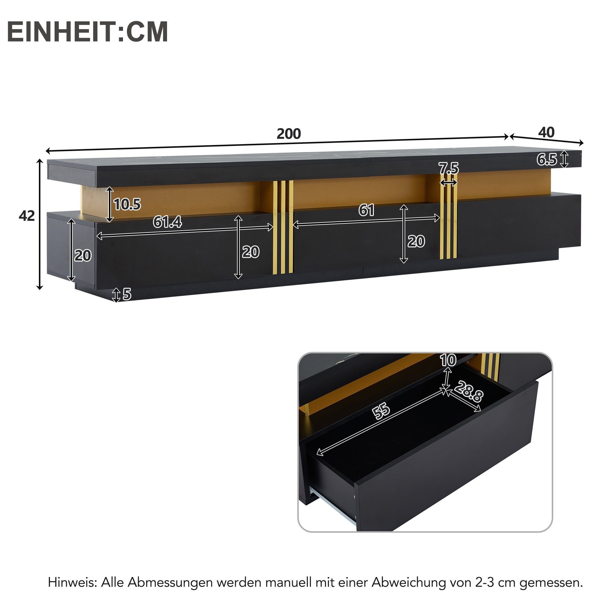 Logidon Modern TV-Lowboard Zwart Marmerlook 200 x 40 x 42 cm