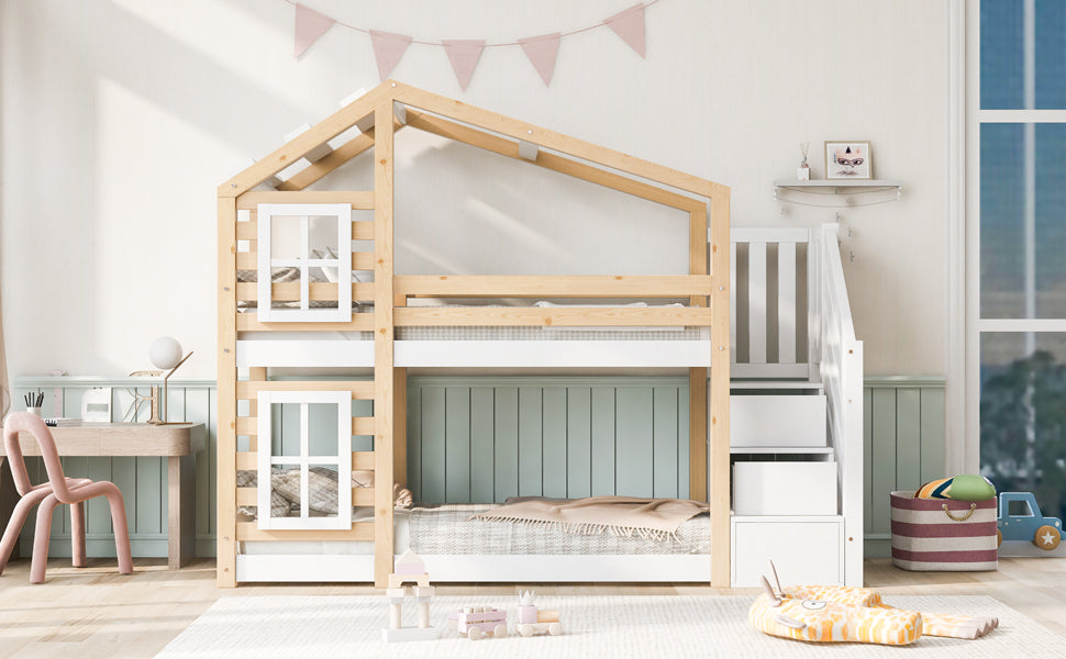 Logidon kinderbed boomhut 90x200 naturel wit valbeveiliging