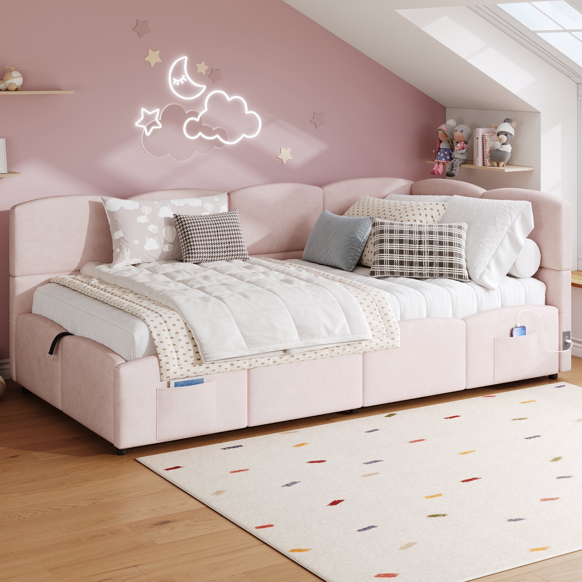Logidon fluweel gestoffeerd bed roze 90x200 met lattenbodem en opbergruimte