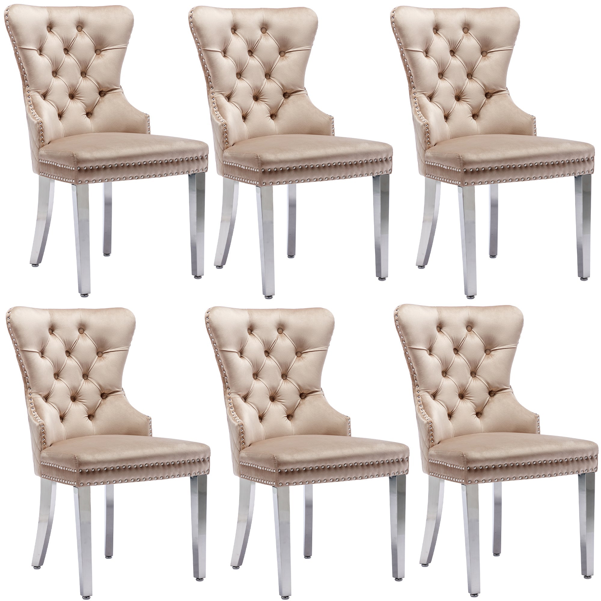 Logidon dining room chair beige velvet upholstered chair with door knocker, set of 6