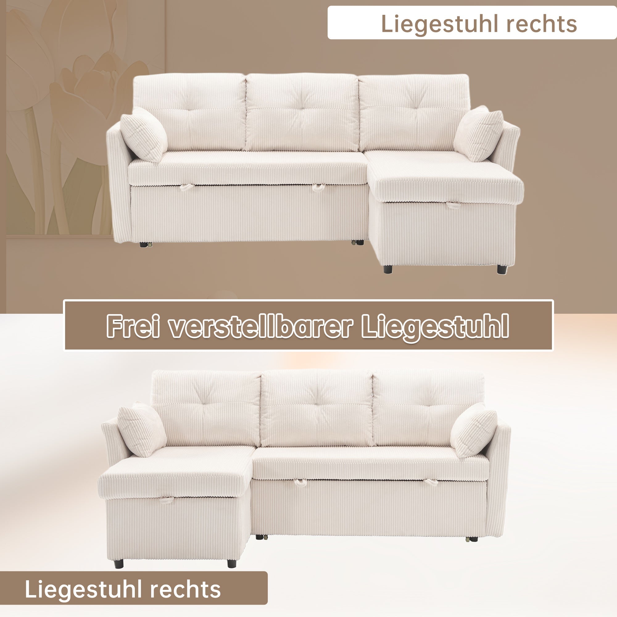 Logidon sofa bed with storage space and pull-out bed beige velvet cover