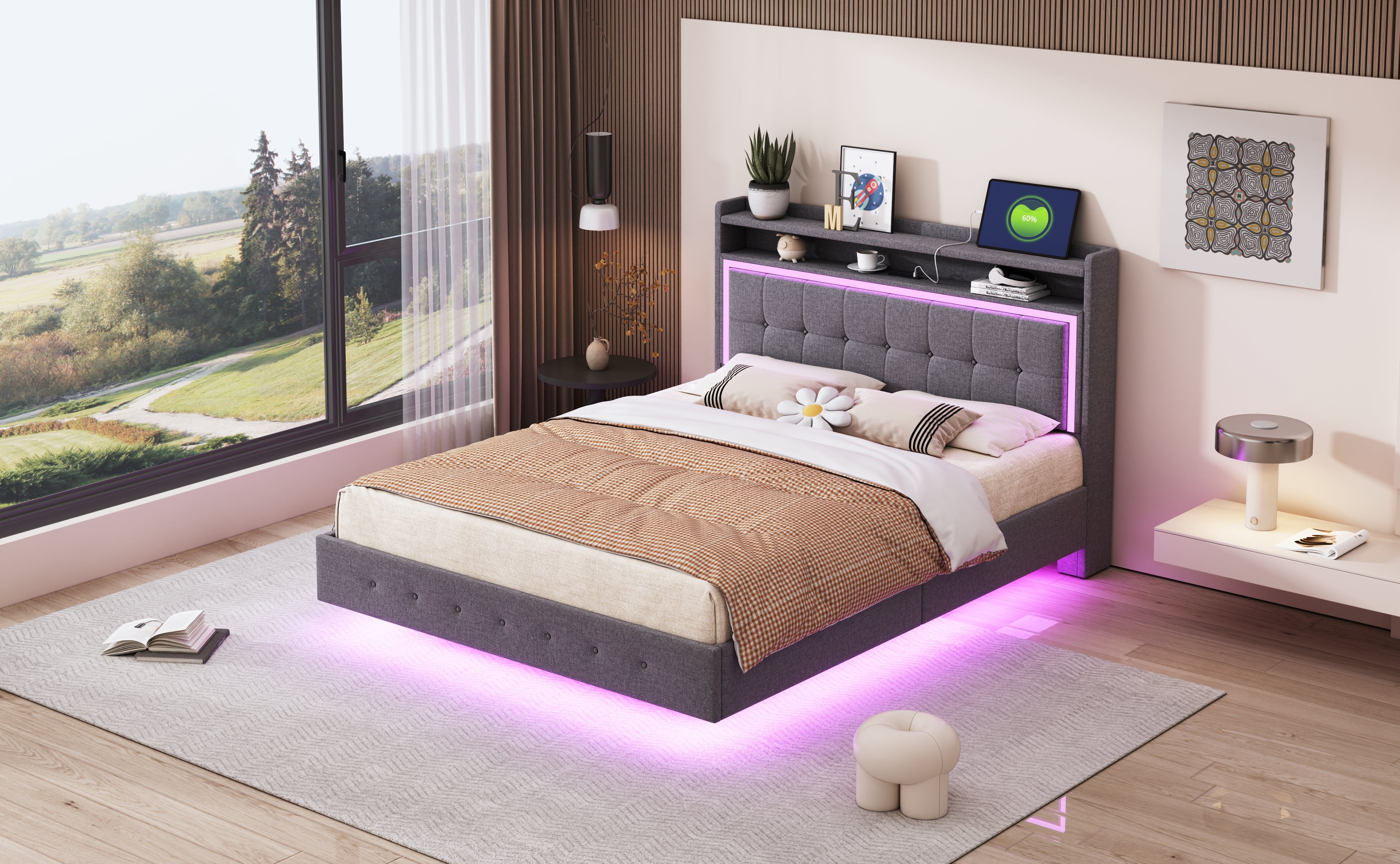 Logidon gestoffeerd bed 140x200 grijs met USB LED verlichting