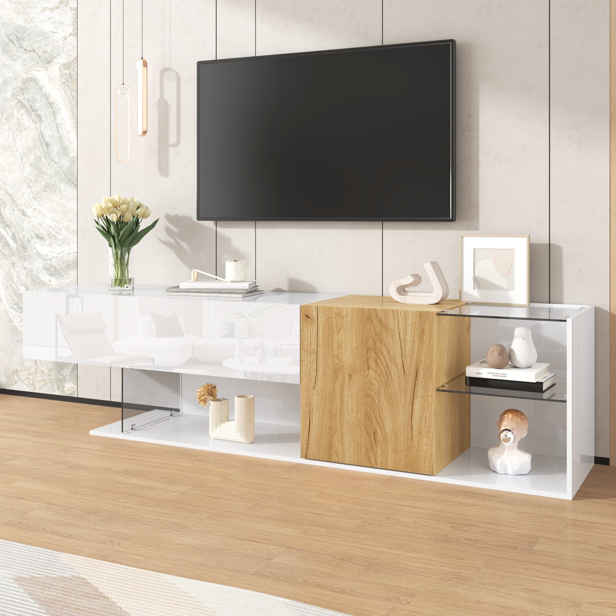 Logidon Modern TV-dressoir Wit Hoogglans Houtlook Glazen Planken 180cm