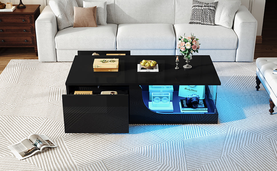 Logidon Zwarte hoogglans salontafel 100x50x30 cm LED-verlichting