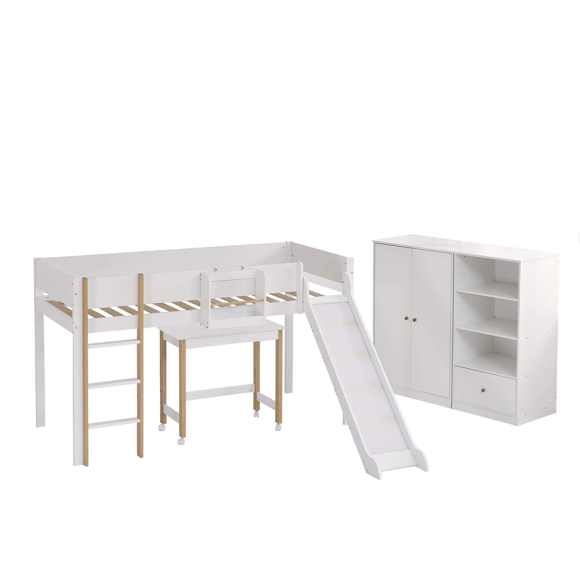 Logidon complete bedroom 3-piece loft bed with slide white/natural