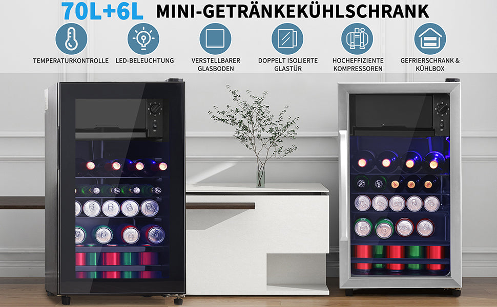 Logidon 76L minikoelkast Zwart 70L koelgedeelte, 6L vriesgedeelte, LED