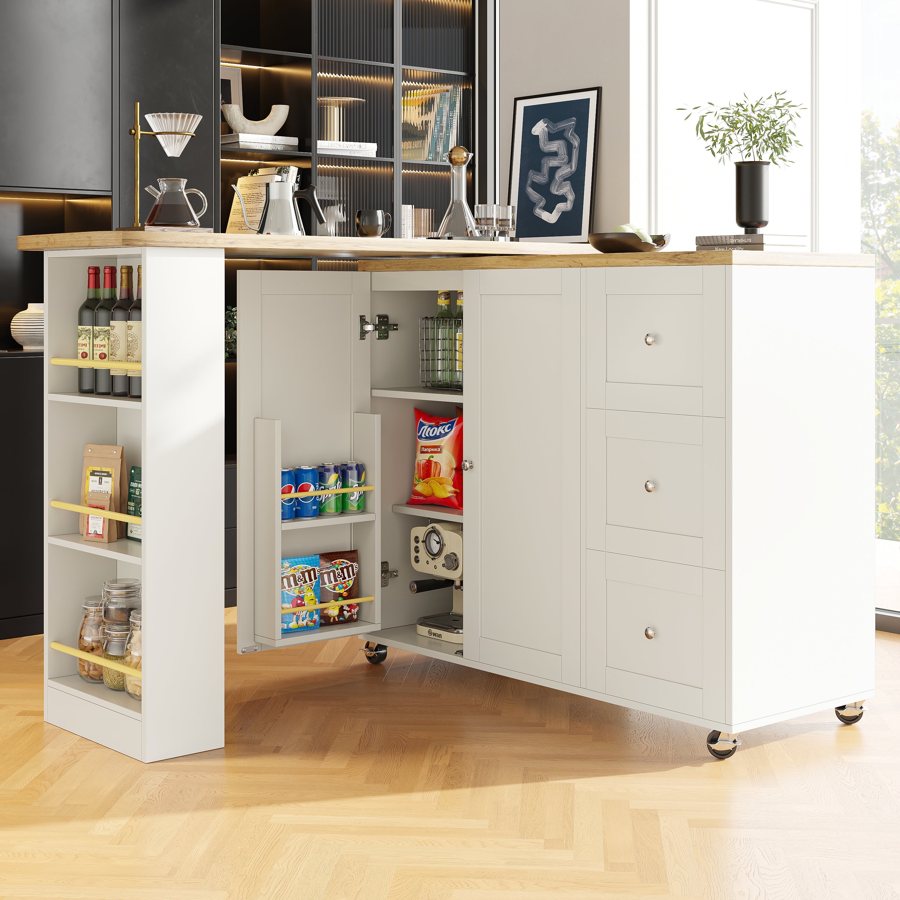 Logidon Swivel Dining Table White with Wheels Three Drawers 138-209 cm