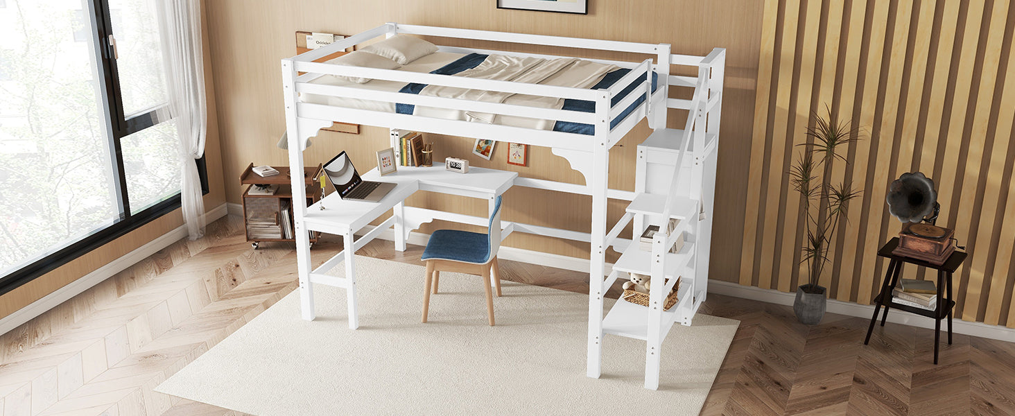 Logidon hoogslaper 140x200 cm wit met L-vormig bureau en opbergruimte
