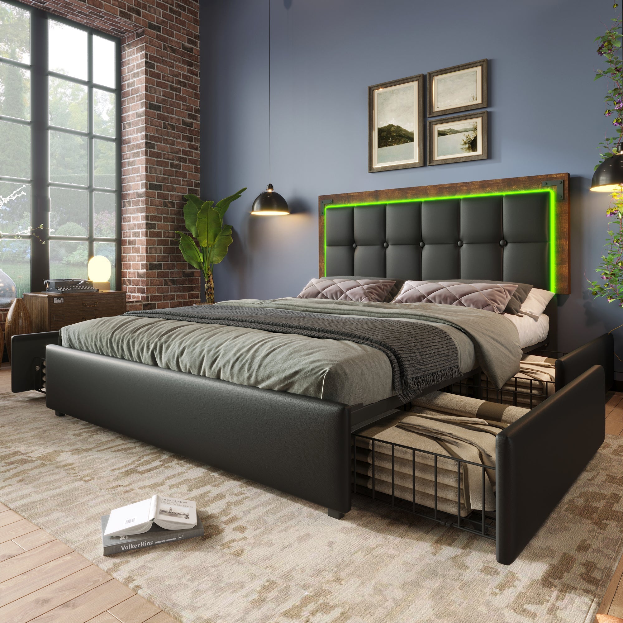 Logidon bedframe 140x200 met LED-verlichting 4 lades zwart