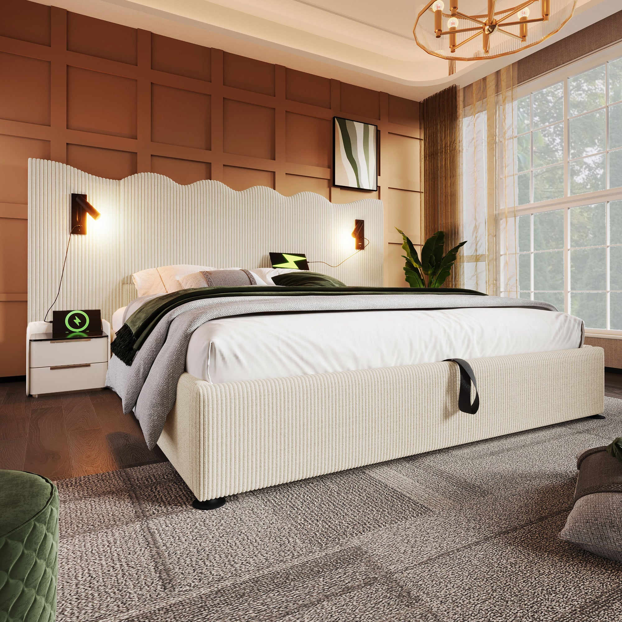 Logidon gestoffeerd bed tweepersoonsbed 180x200 beige-wit leeslamp USB-C opladen