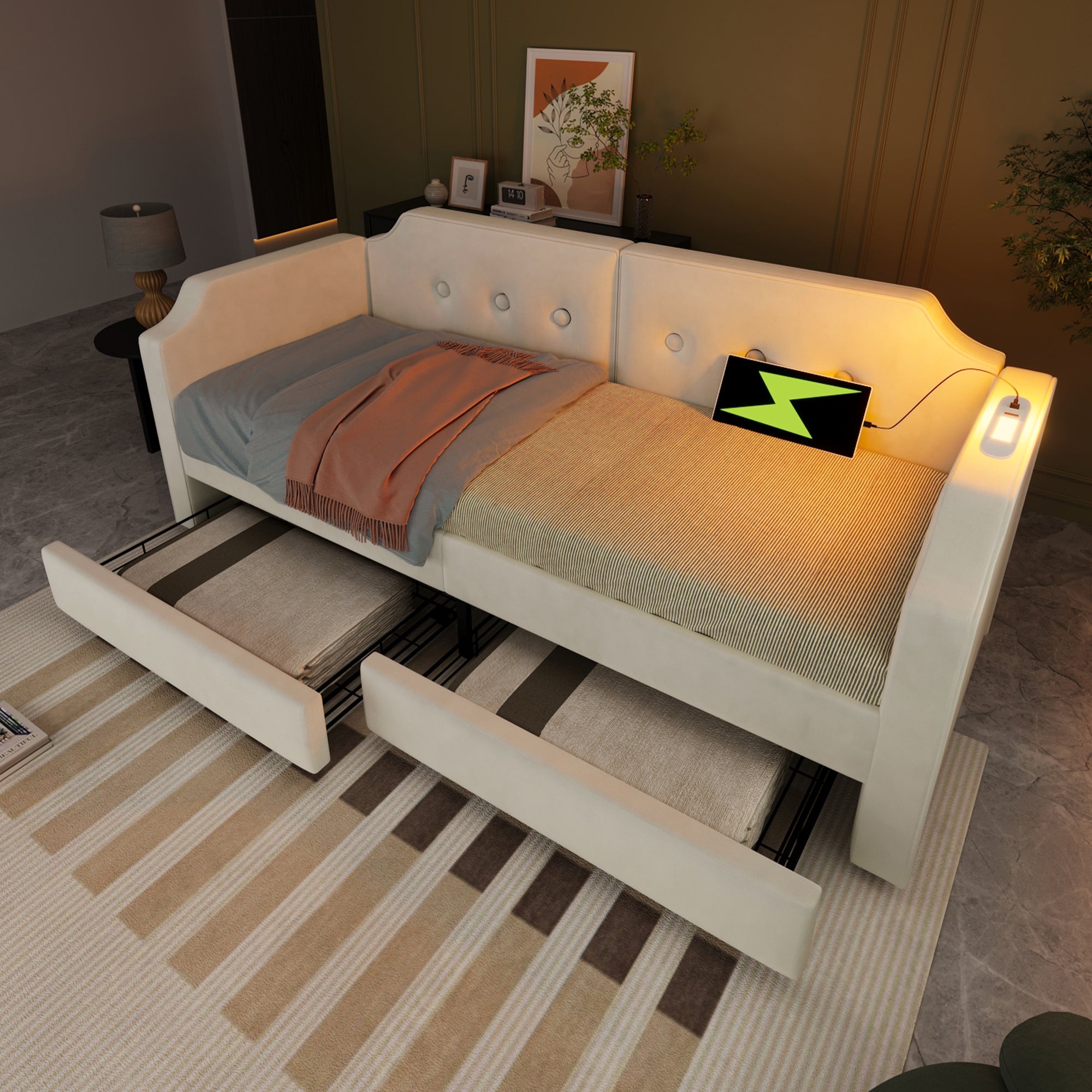 Logidon gestoffeerd bed 90x200 cm beige fluweel met USB-C oplaadpunt leeslampje