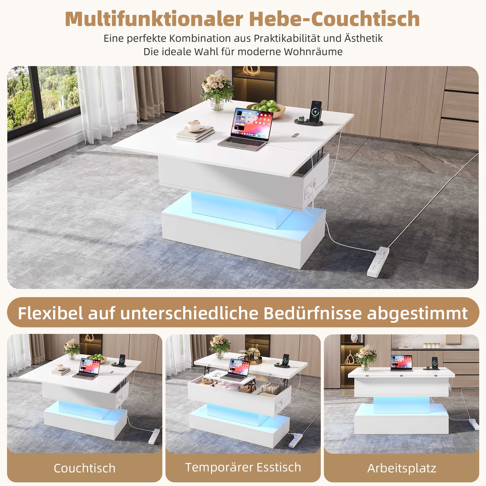 Logidon salontafel met USB-C oplaadaansluiting en LED-licht, in hoogte verstelbaar