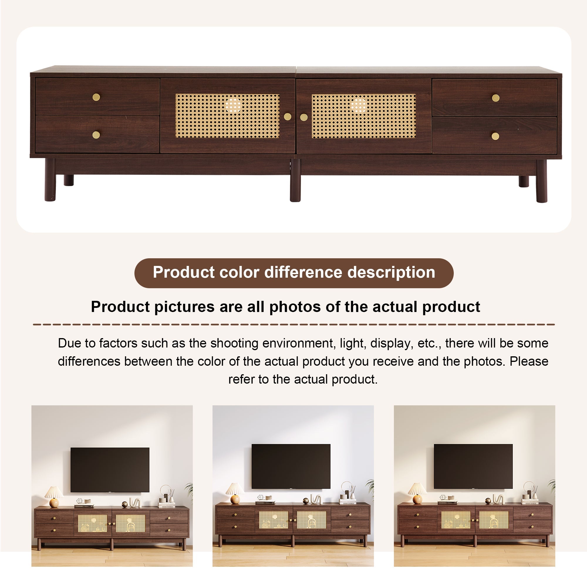 Logidon TV cabinet 180 cm dark wood look rattan doors cable management