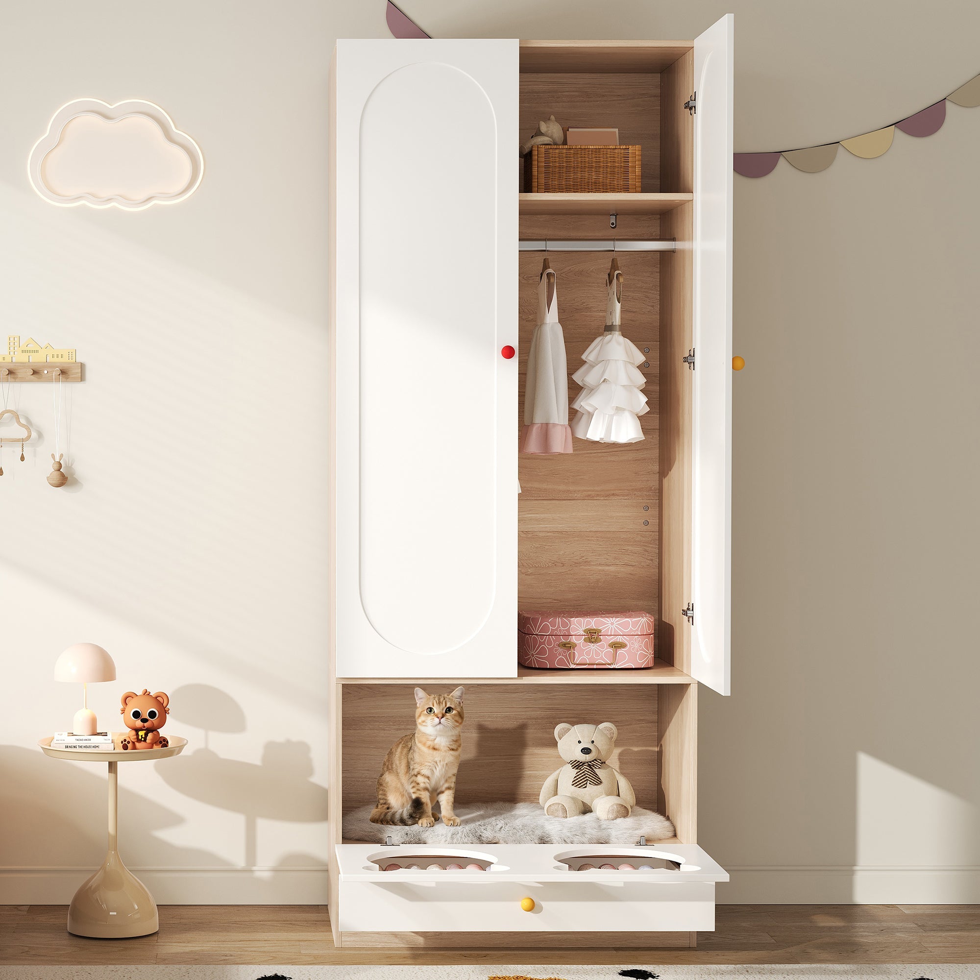 Logidon kinderkledingkast wit naturel hout met kattenmand 80x50x200cm