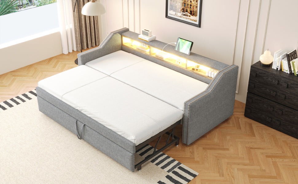 Logidon upholstered bed pull-out sofa bed 90/180 x 190 cm light gray storage compartment