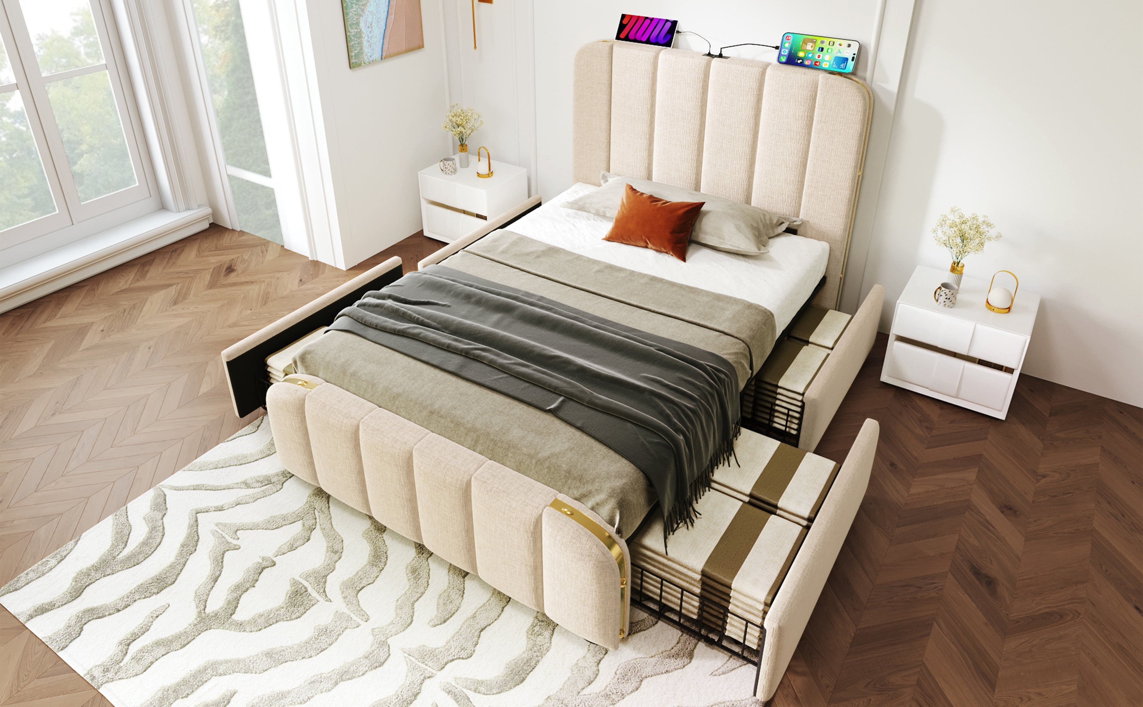 Logidon gestoffeerd bed 90x200 beige USB Type C oplaadfunctie 4 lades