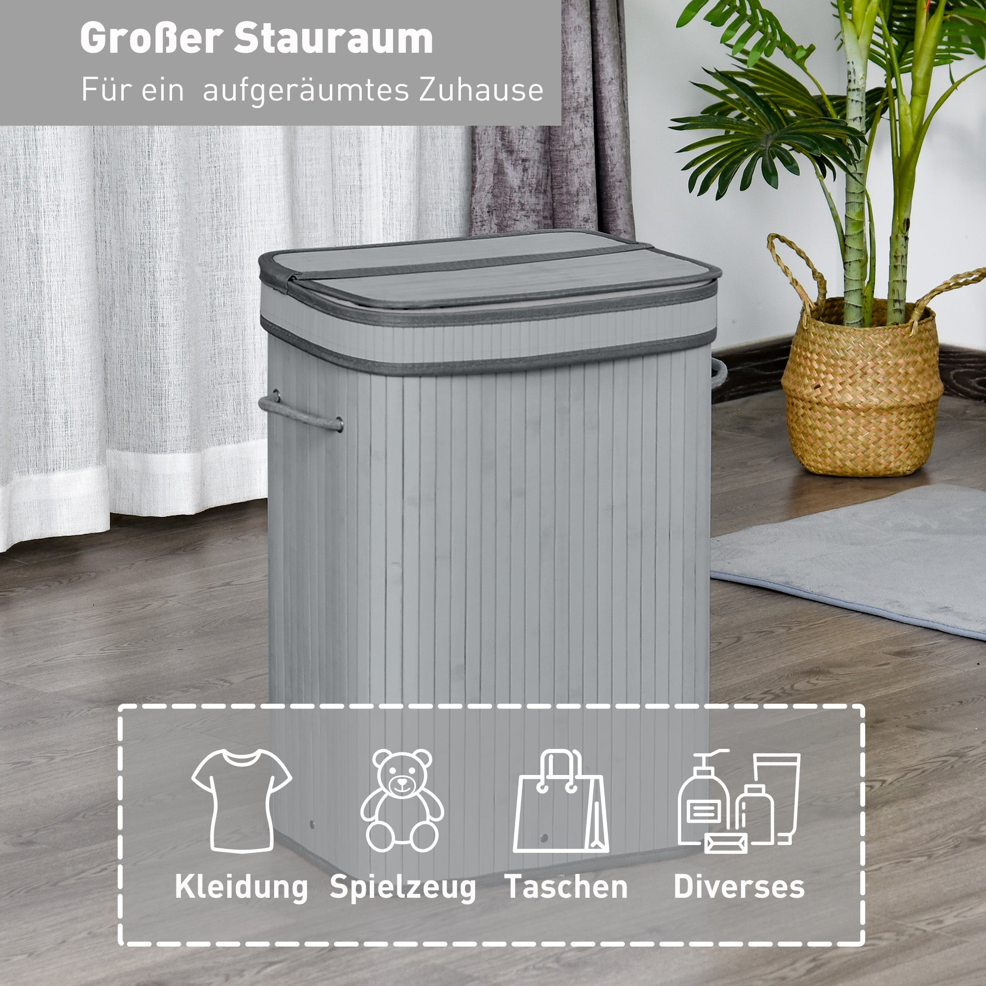 Logidon Bamboe Wasmand Smal Met Deksel Grijs 70 L Handvatten