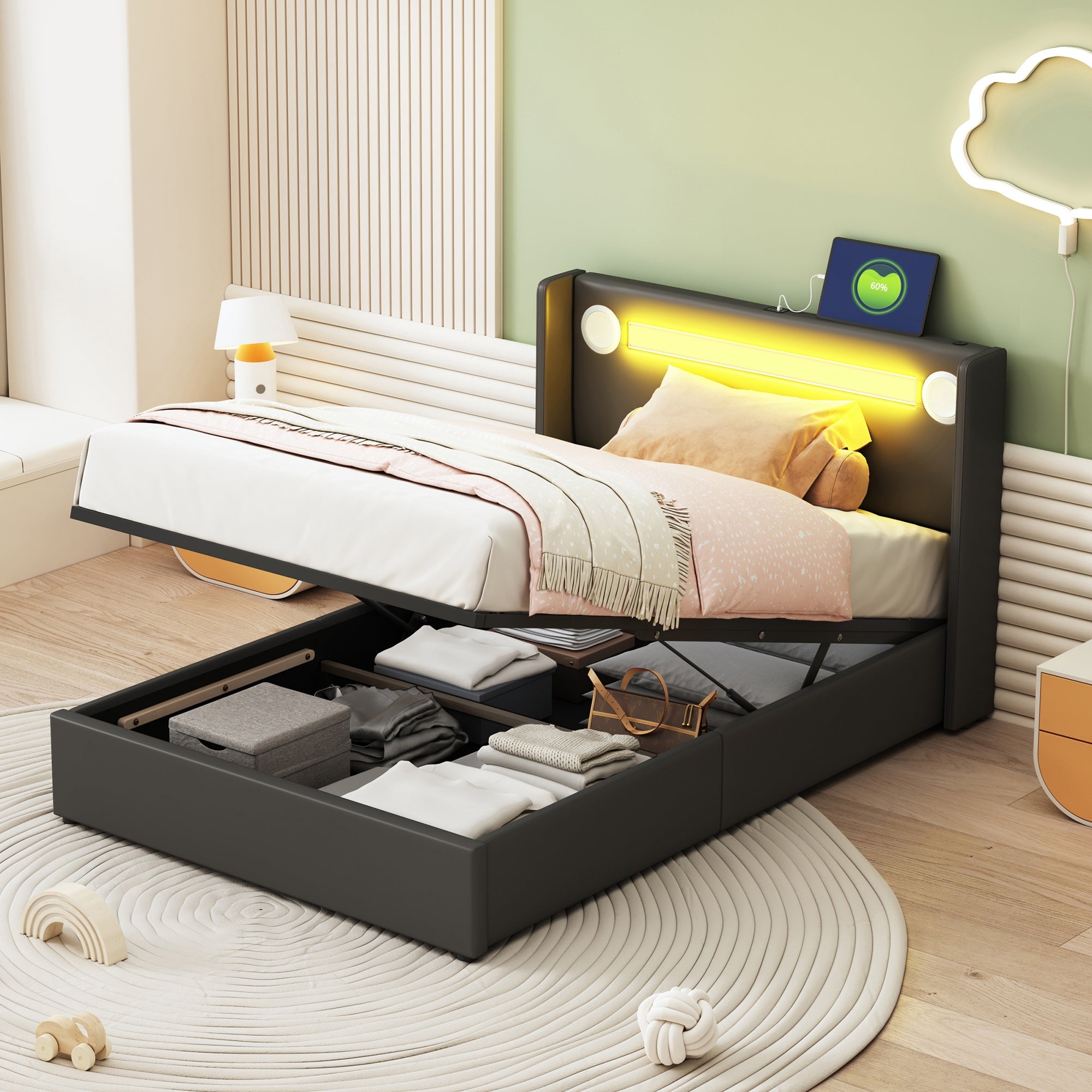 Logidon gestoffeerd bed 90x200 met LED lichtstrip Bluetooth USB zwart
