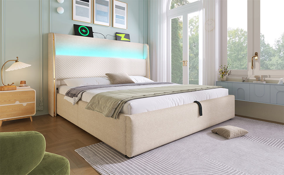 Logidon hydraulisch bed 140x200 beige linnenlook met LED
