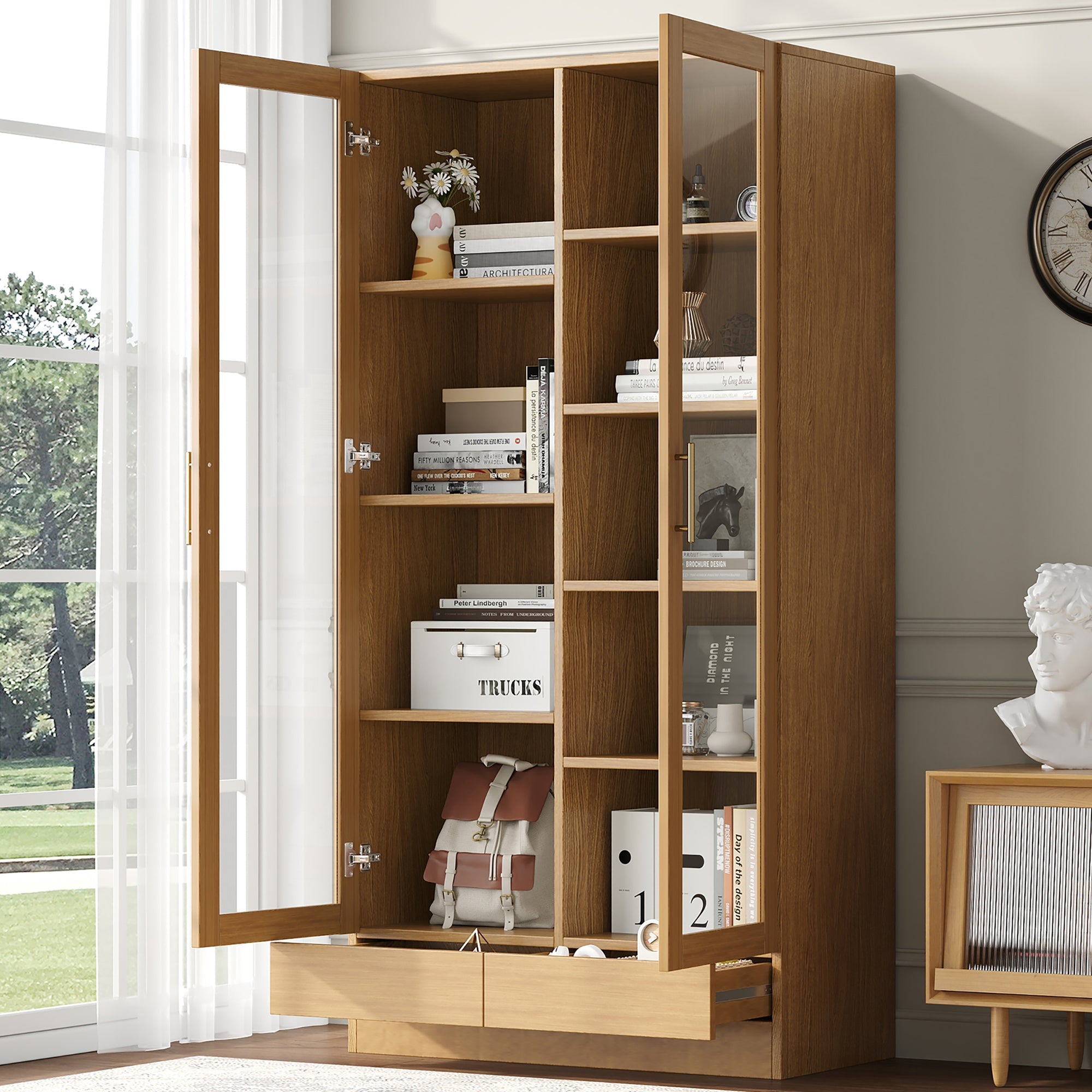 Logidon vitrinekast 80x40x160 cm naturel hout met push-to-open lades