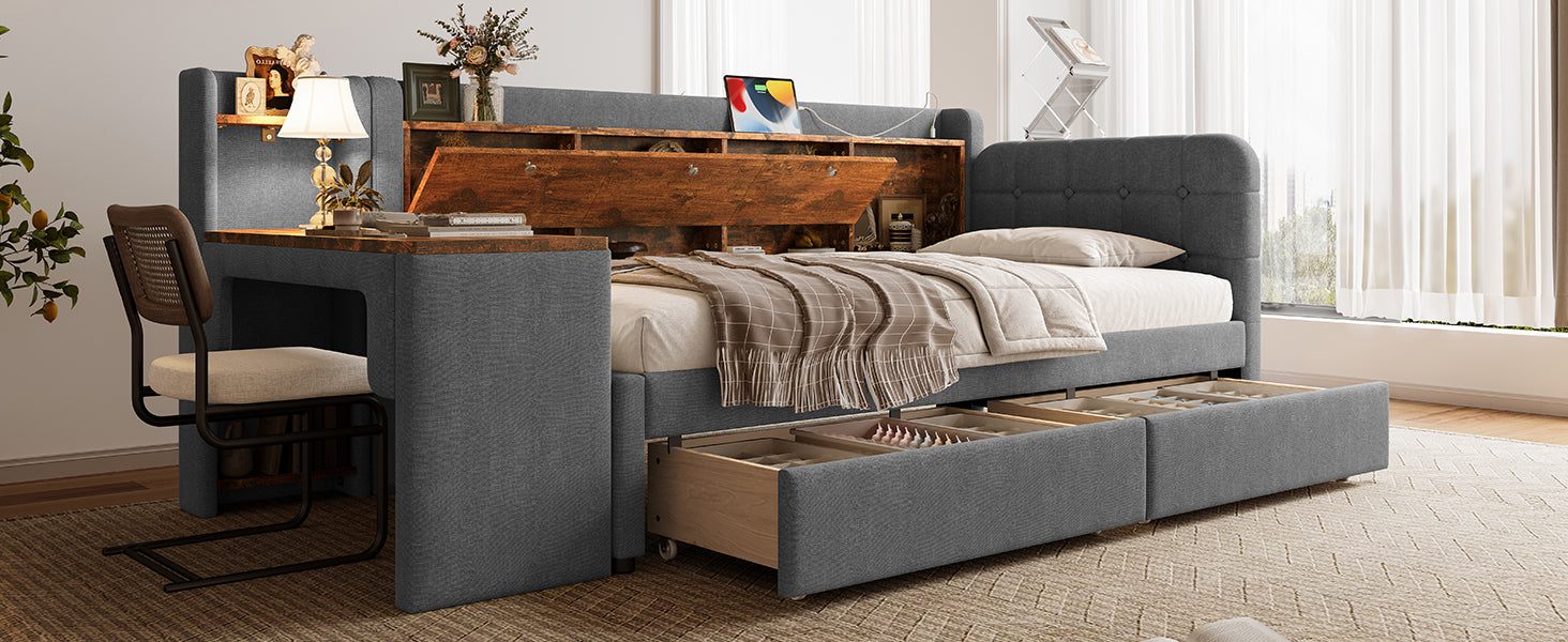 Logidon Daybed 90x200 cm slaapbank met bureau grijs USB Type C